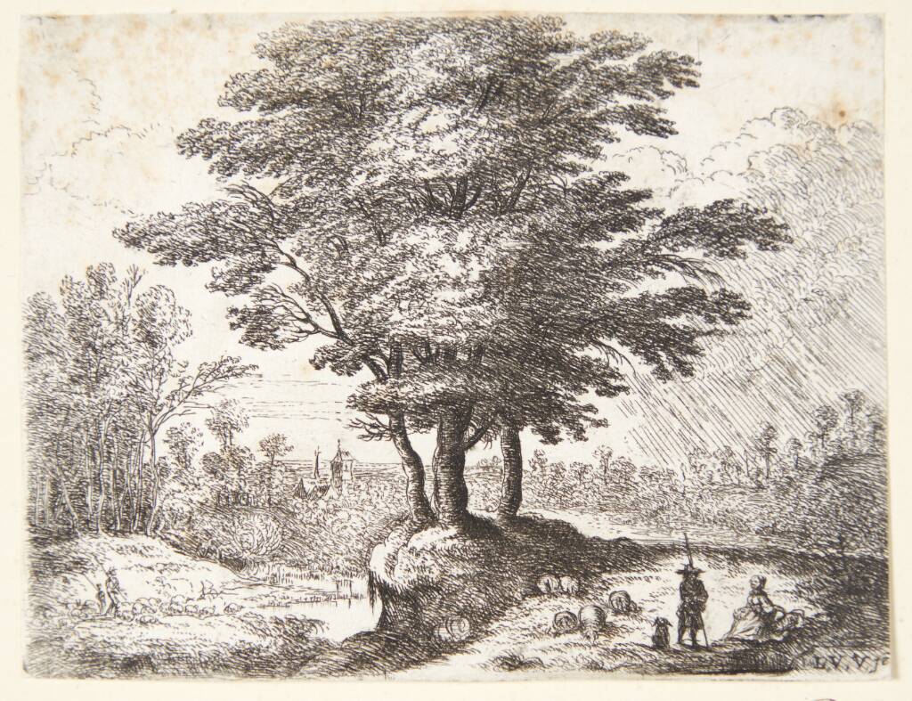 Tre træer, t.h. en hyrde med sine får og en siddende pige, Lucas van Uden, 1595-1673
