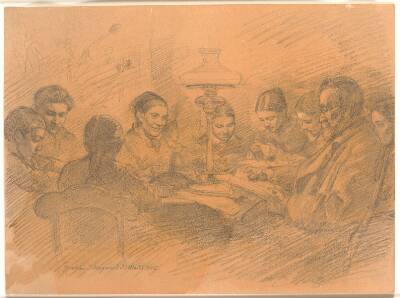 Familien Johan Lange samlet omkring lampen