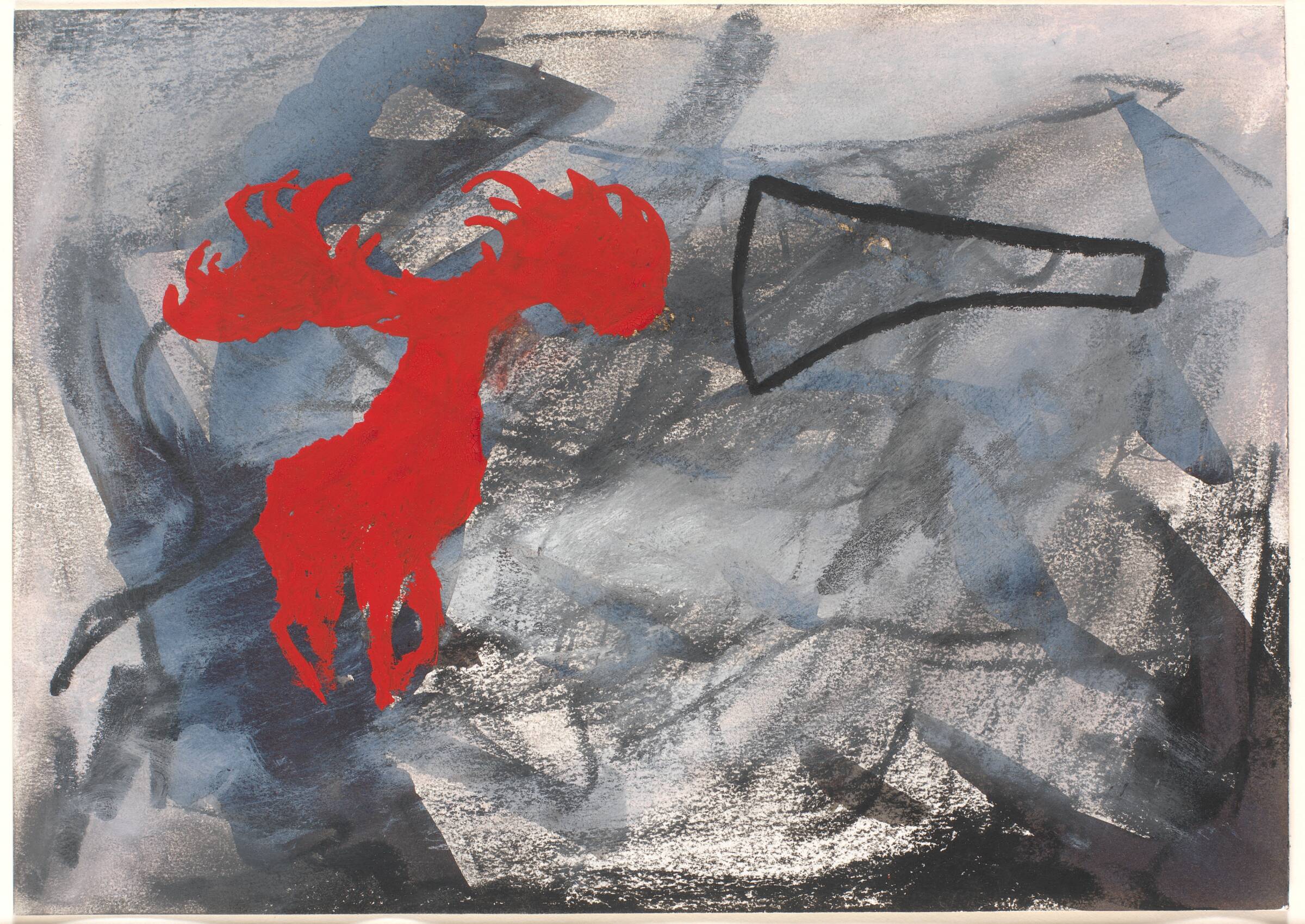 Tegning. Komposition med den uddøde kæmpehjort og økseblad, Nina Sten-Knudsen, 1984