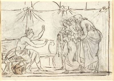Antik scene. En siddende kronet helt taler til en gruppe af fire figurer, heriblandt en mindre pige og en gammel mand