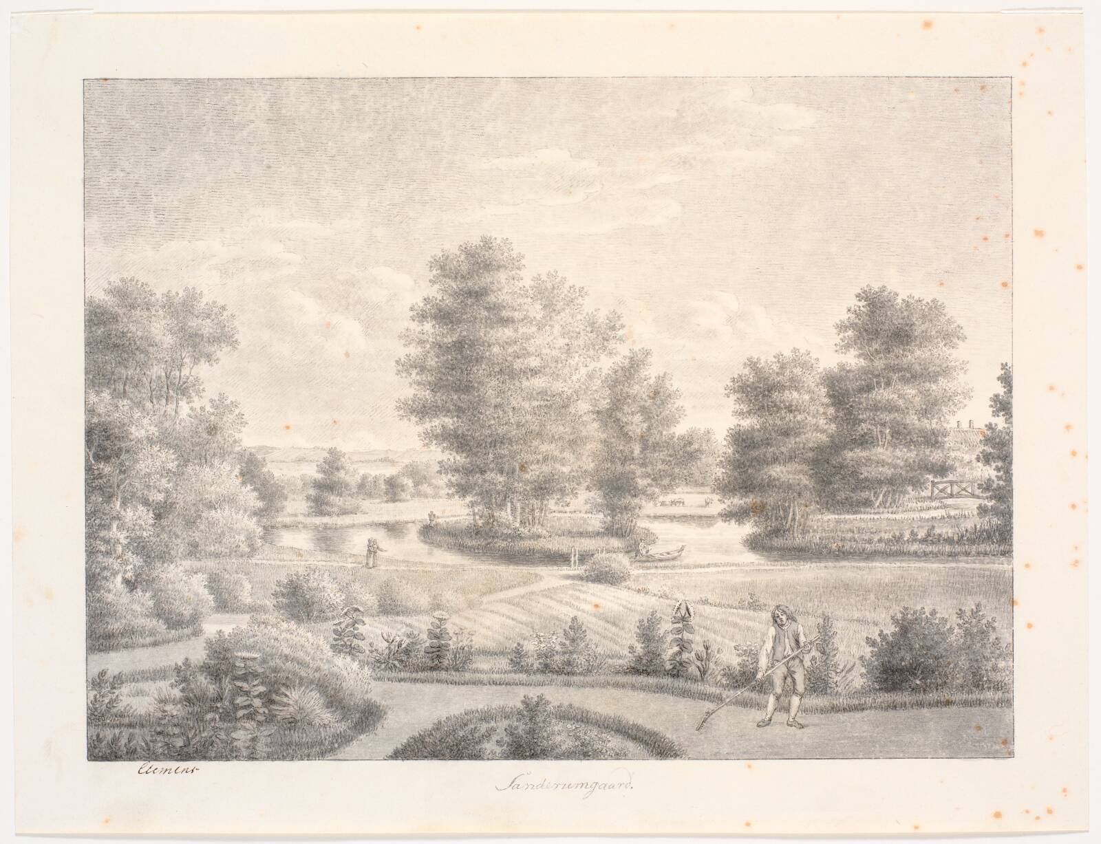 Sanderumgaards have med træbevokset ø. I forgrunden mand med rive, by J.F. Clemens, 1803