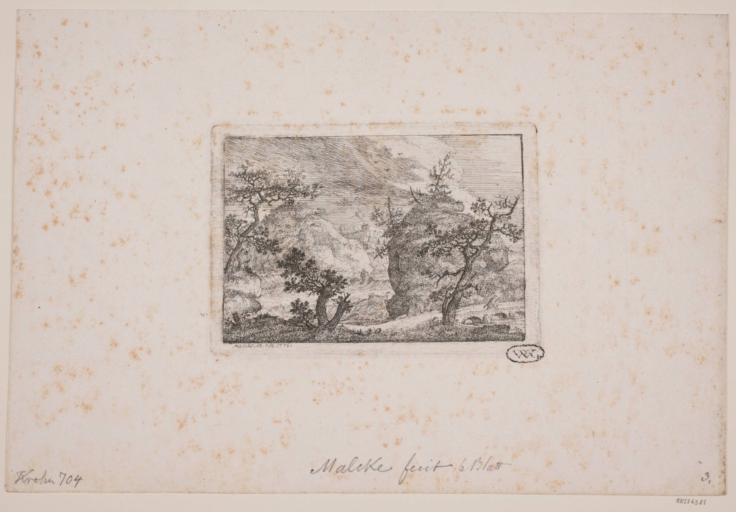 Klippelandskab med store træer. Til højre i forgrunden ridder en mand over en bro., Simon Malgoc, 1776