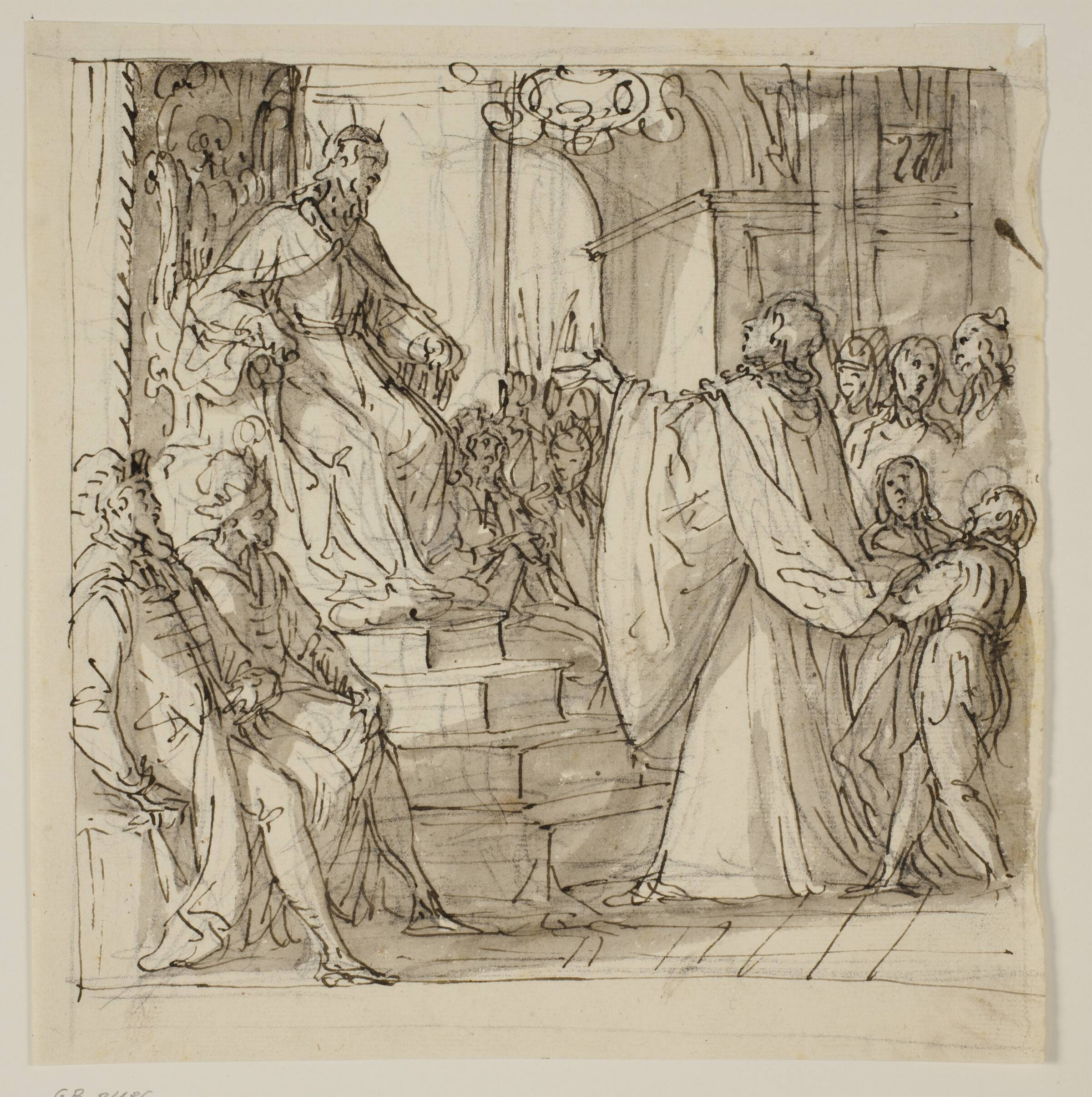 En ambassadør for Barbarigo-familien modtages i audiens af en konge. Studie til en fresco i Villa Barbarigo, Noventa Vicentina, Antonio Aliense, 1556-1629