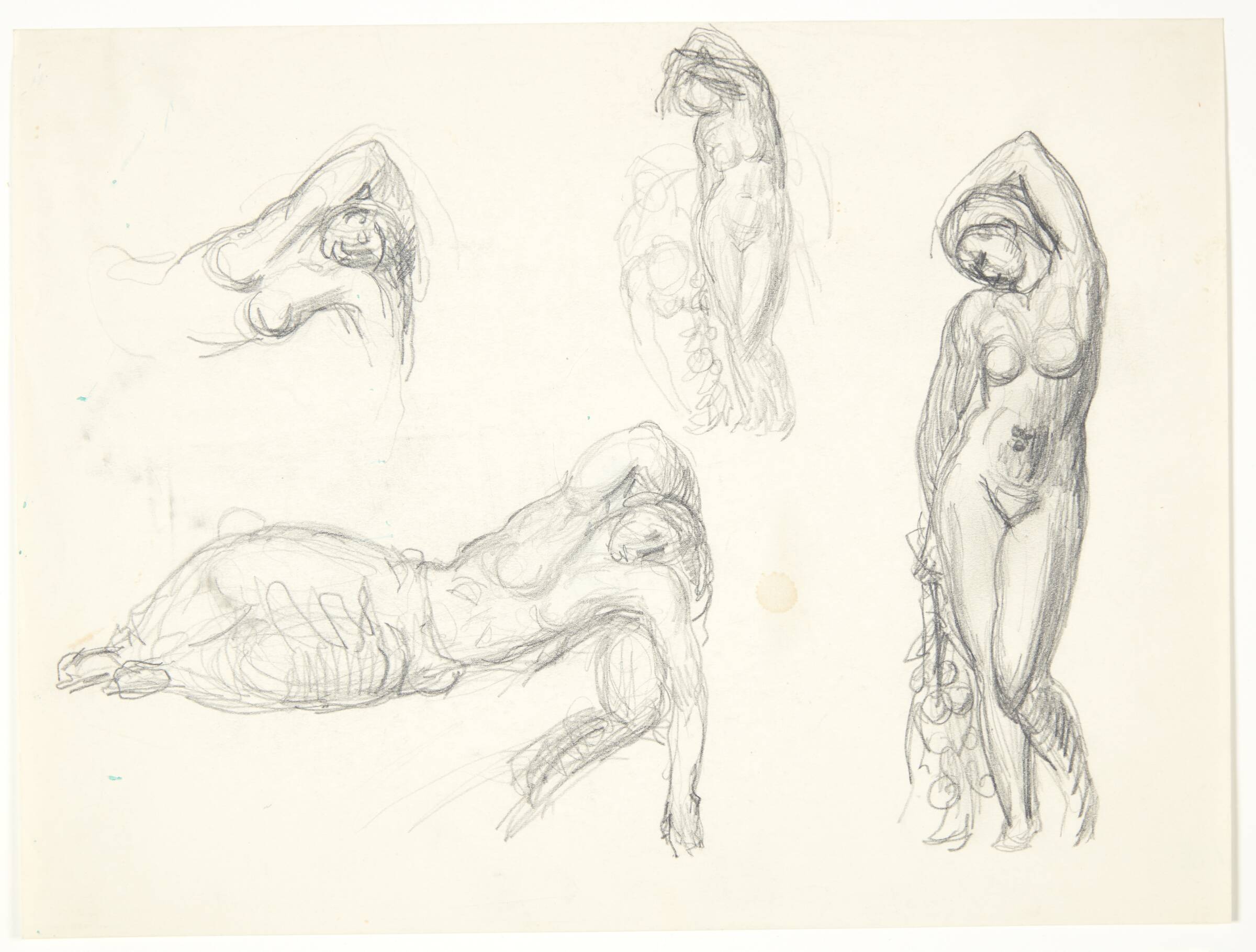 Studieblad med fire udkast til figurerne "Eva" og ”Sovende pige", Svend Rathsack, 1938-1942