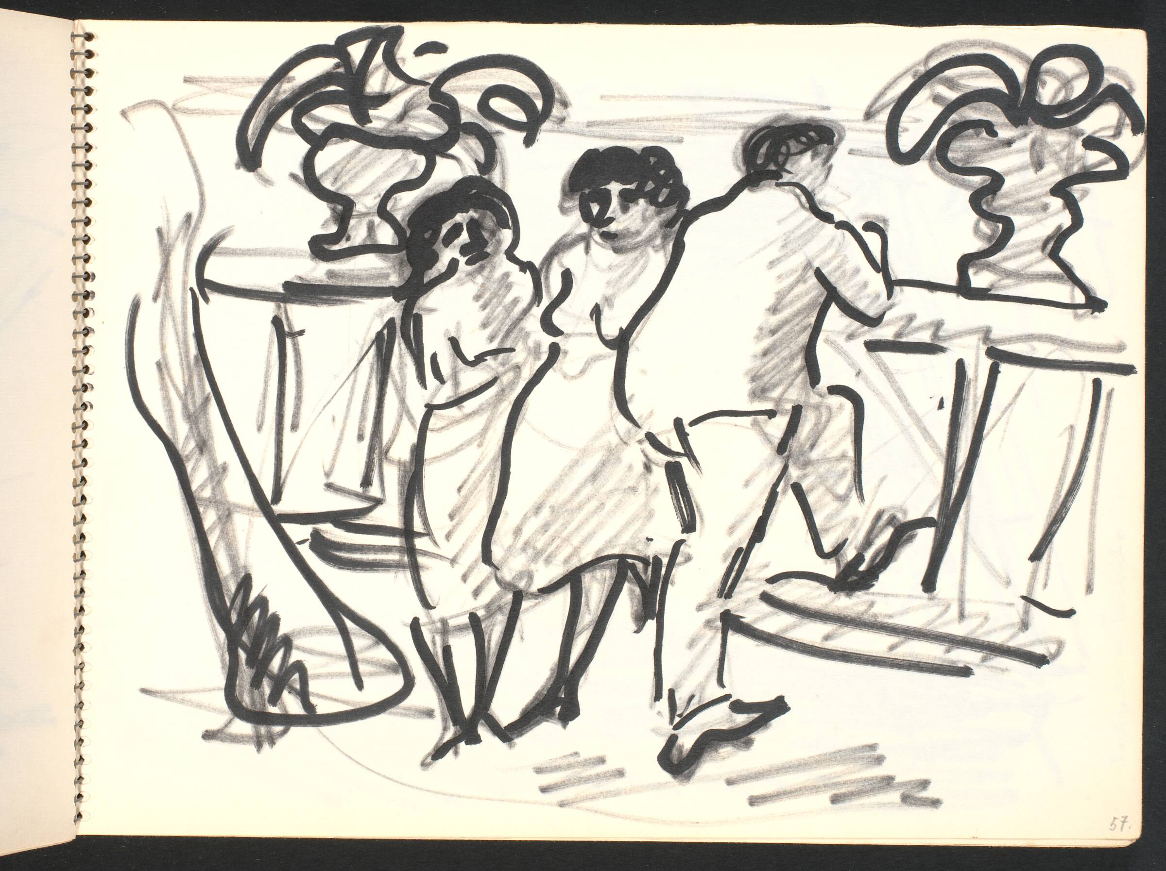 Tre figurer på promenaden i en havneby med palmer, Gottfred Eickhoff, 1952