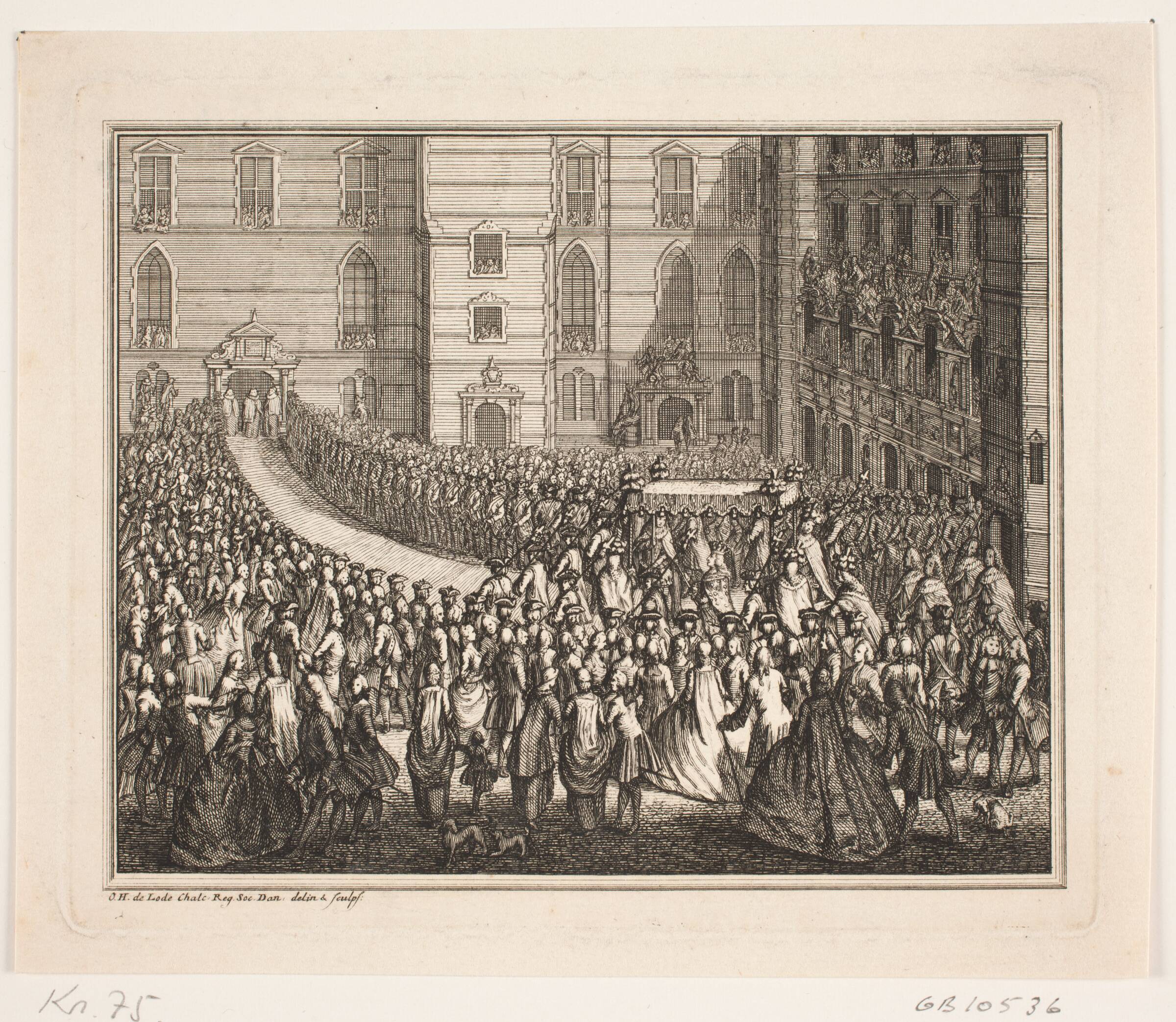Kong Frederik V i procession til salvingshøjtidelighed i Frederiksborg Slotskirke. Illustration til Frederik d. IV's salvingsakt, Odvardt Helmoldt de Lode, 1726-1757