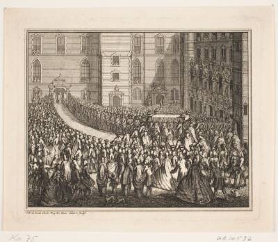 Kong Frederik V i procession til salvingshøjtidelighed i Frederiksborg Slotskirke. Illustration til Frederik d. IV's salvingsakt
