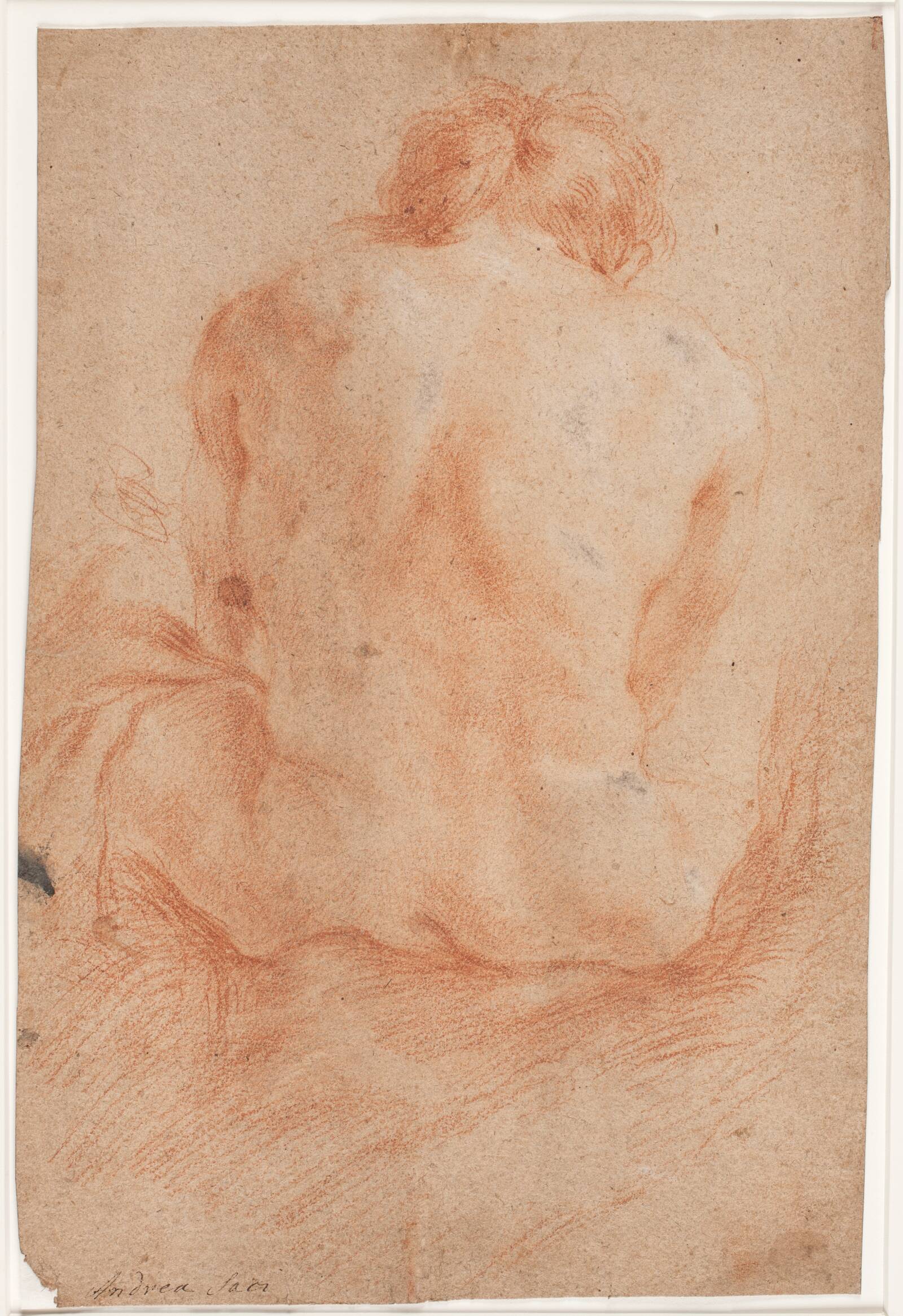Mandlig modelstudie, siddende, set bagfra, Hendrik Krock, 1671-1738