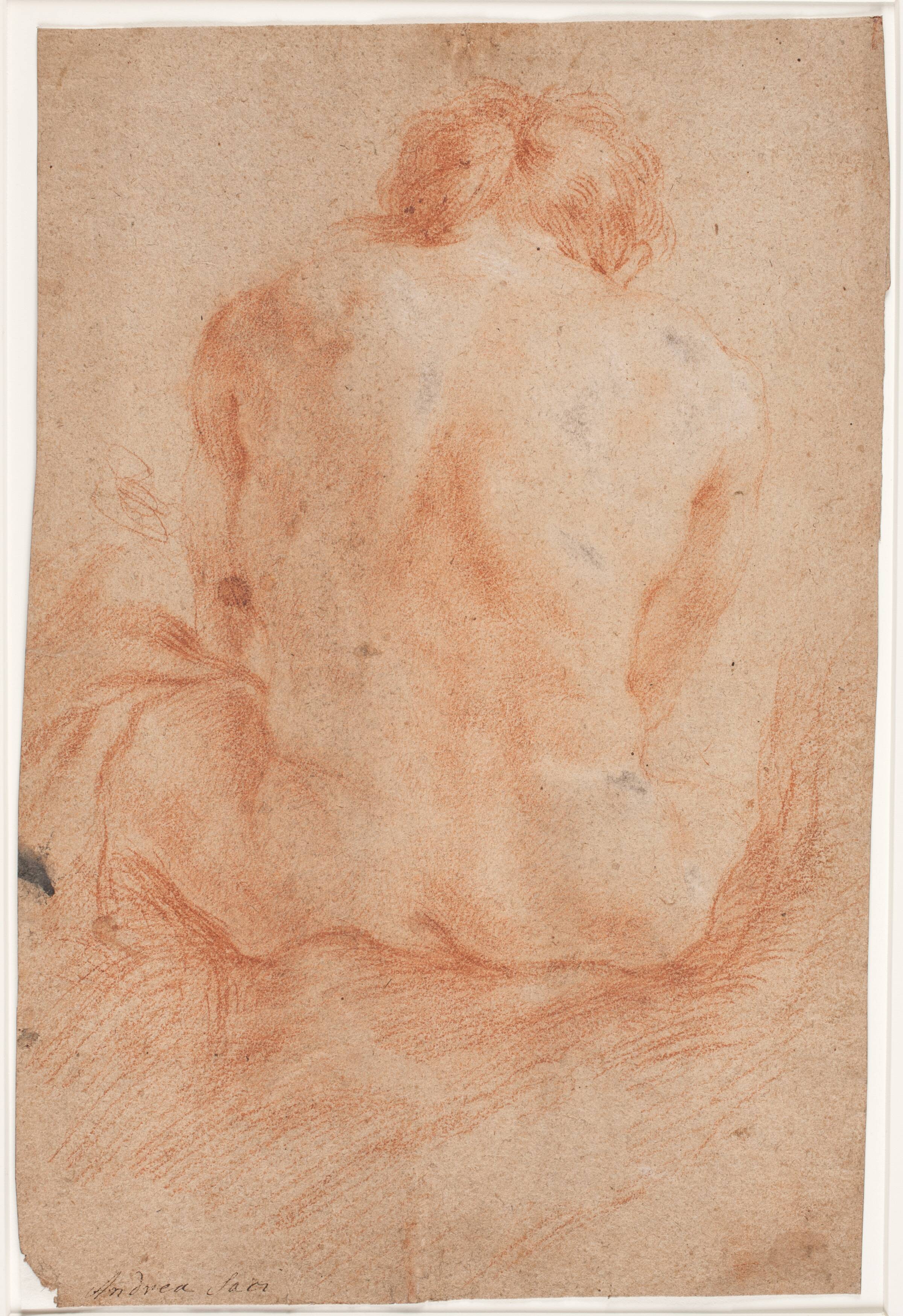 Mandlig modelstudie, siddende, set bagfra, Hendrik Krock, 1671-1738