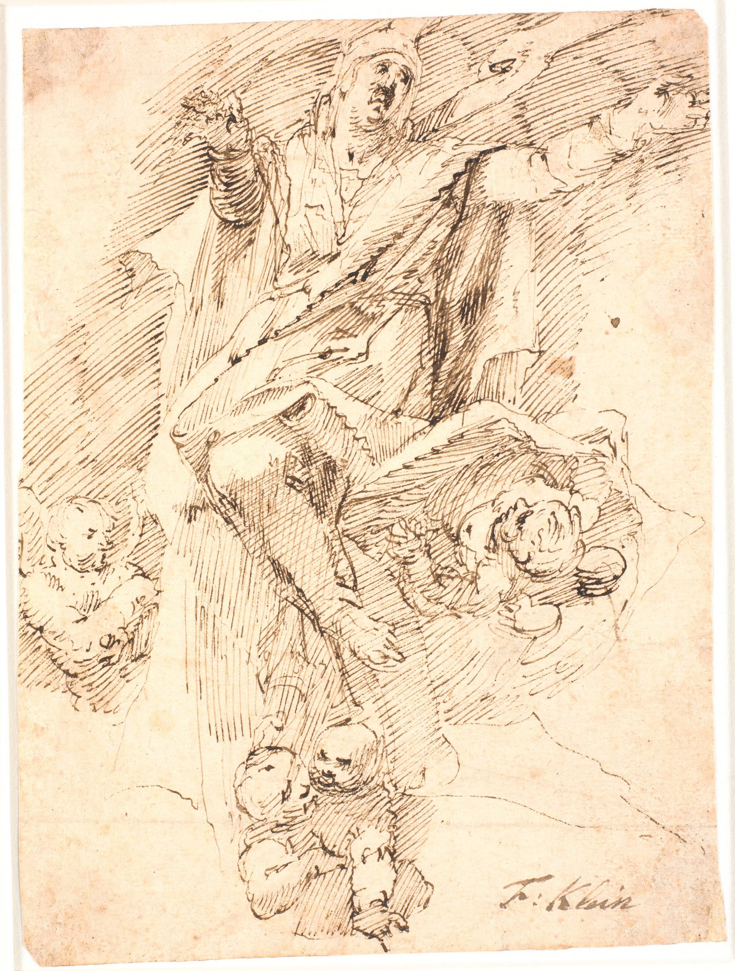 Kvinde, der med udstrakte arme, bæres til himlen af fire englebørn, Frantz Clein, 1582-1658