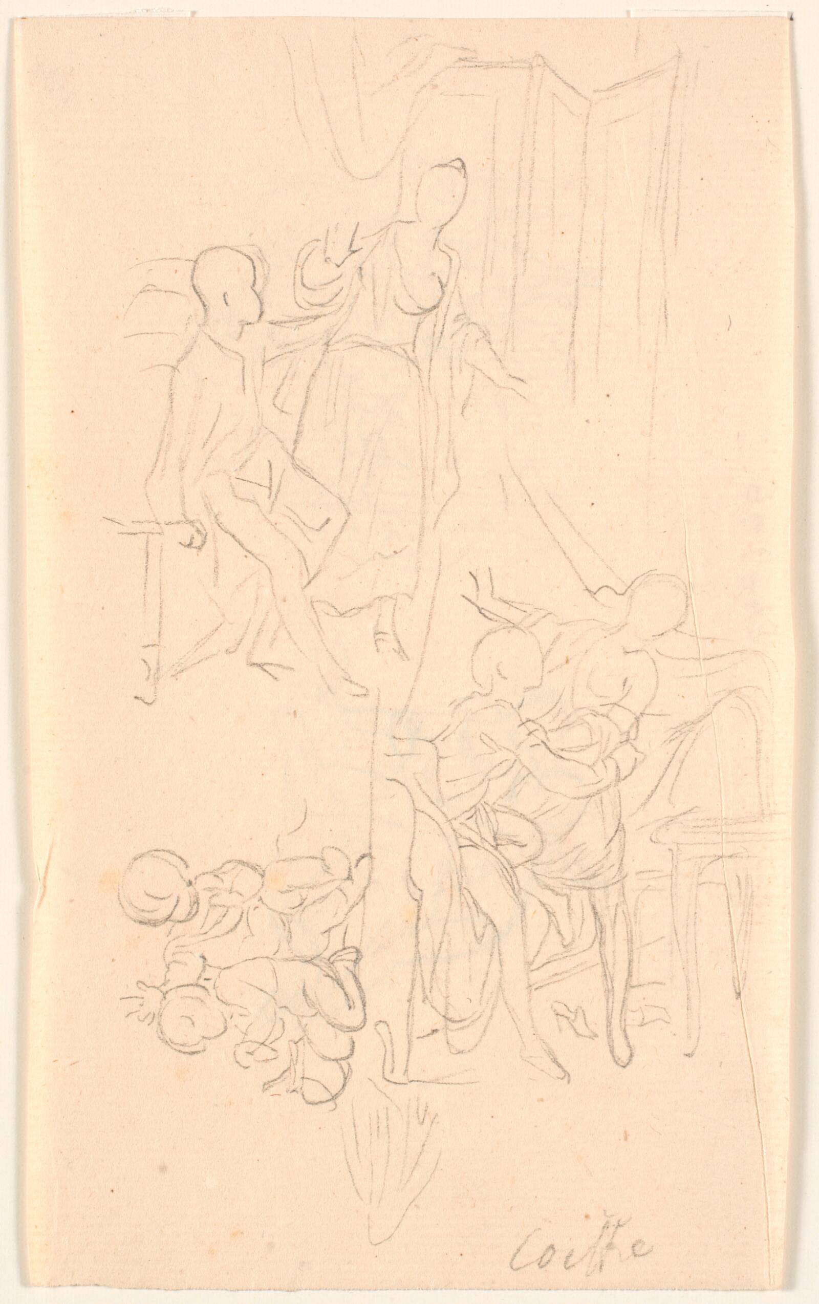 Studieblad; bl.a. to genresituationer, Bénoit Le Coffre, 1671-1722