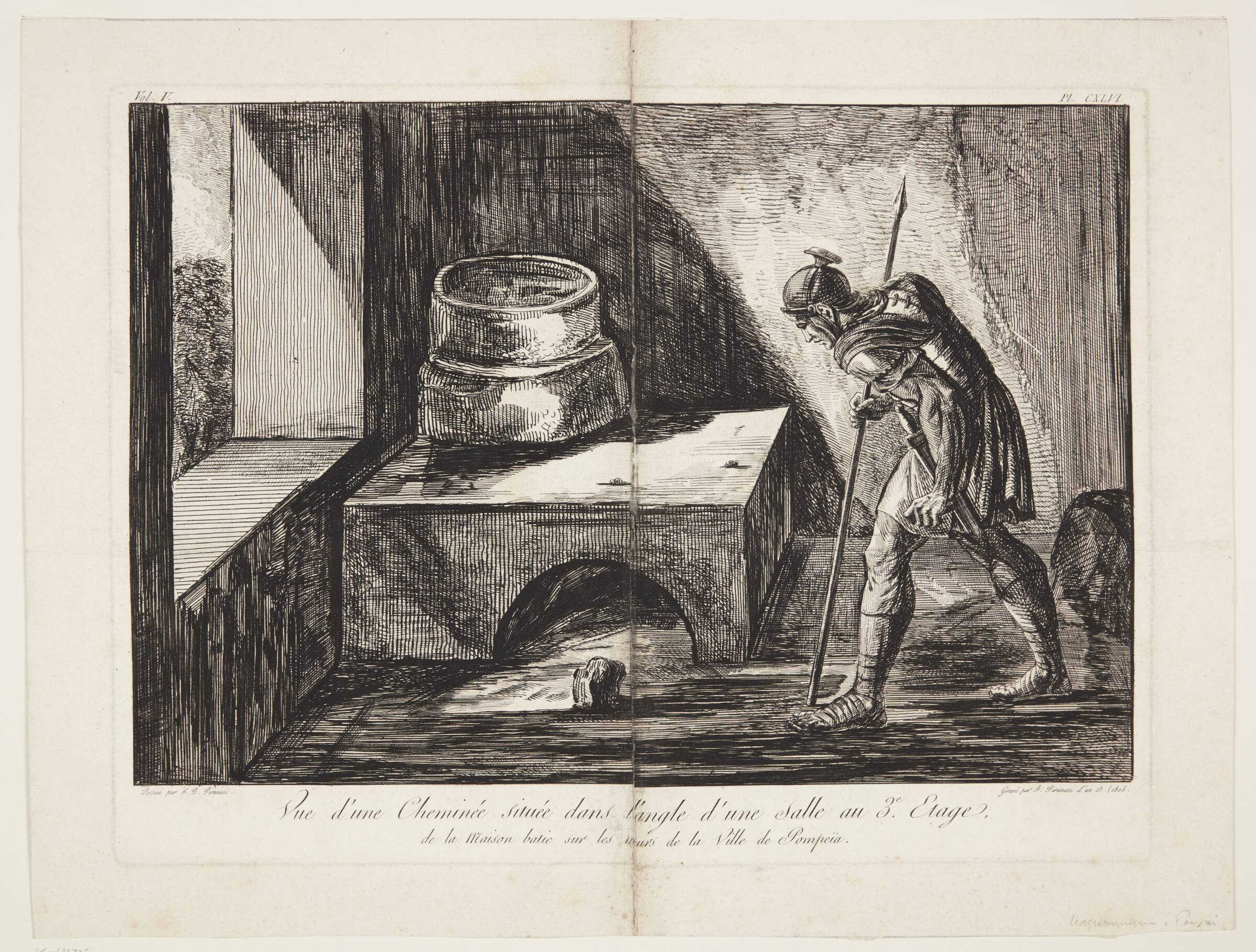 Vue d'une Cheminée dans l'angle d'une salle au 3e. Etage, de la maison batie sur les murs de la Ville de Pompeiia, Francesco Piranesi, 1805