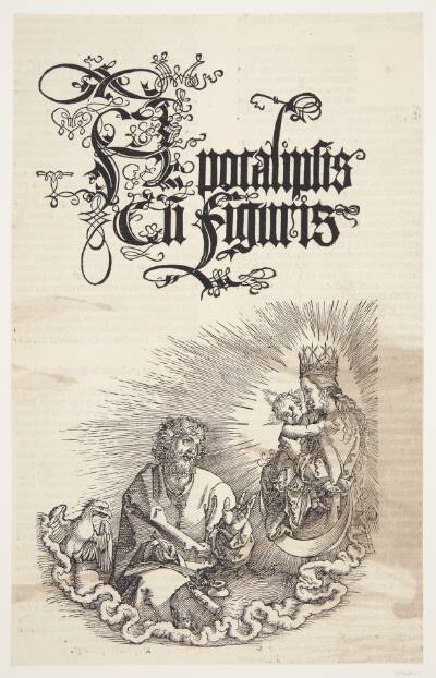 Jomfru Maria med barnet viser sig for Johannes. Titelblad til Johannes' Åbenbaring