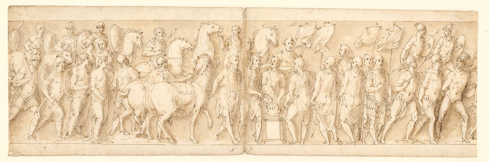 Captured women are taken away (end of LXXIII); parade of the lifeguards (LXXIV); Marcus Aurelius sacrifices at an altar (LXXV); Marcus Aurelius watches an attack (beginning of LXXVI), by Giovanni Guerra, 1544-1618