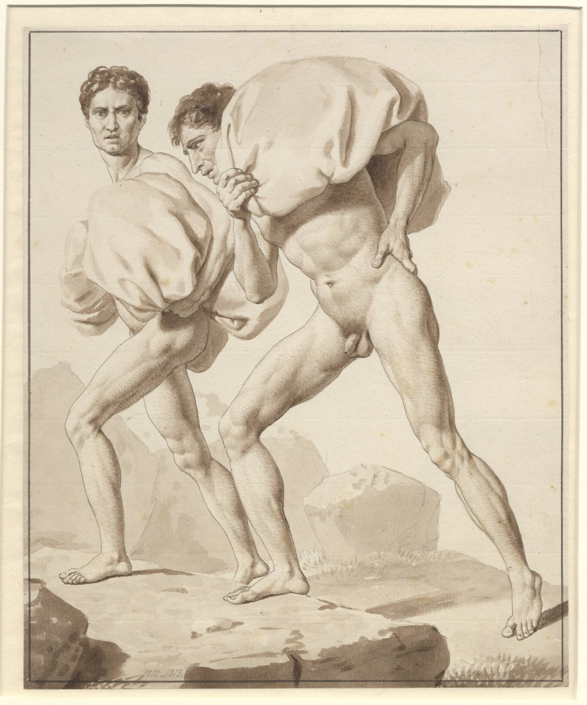 Belyse Relaterede Livlig Studie af to nøgne mænd, belæssede med byrder, på vej op ad et bjerg, 1812  – 1813, C.W. Eckersberg | SMK Open