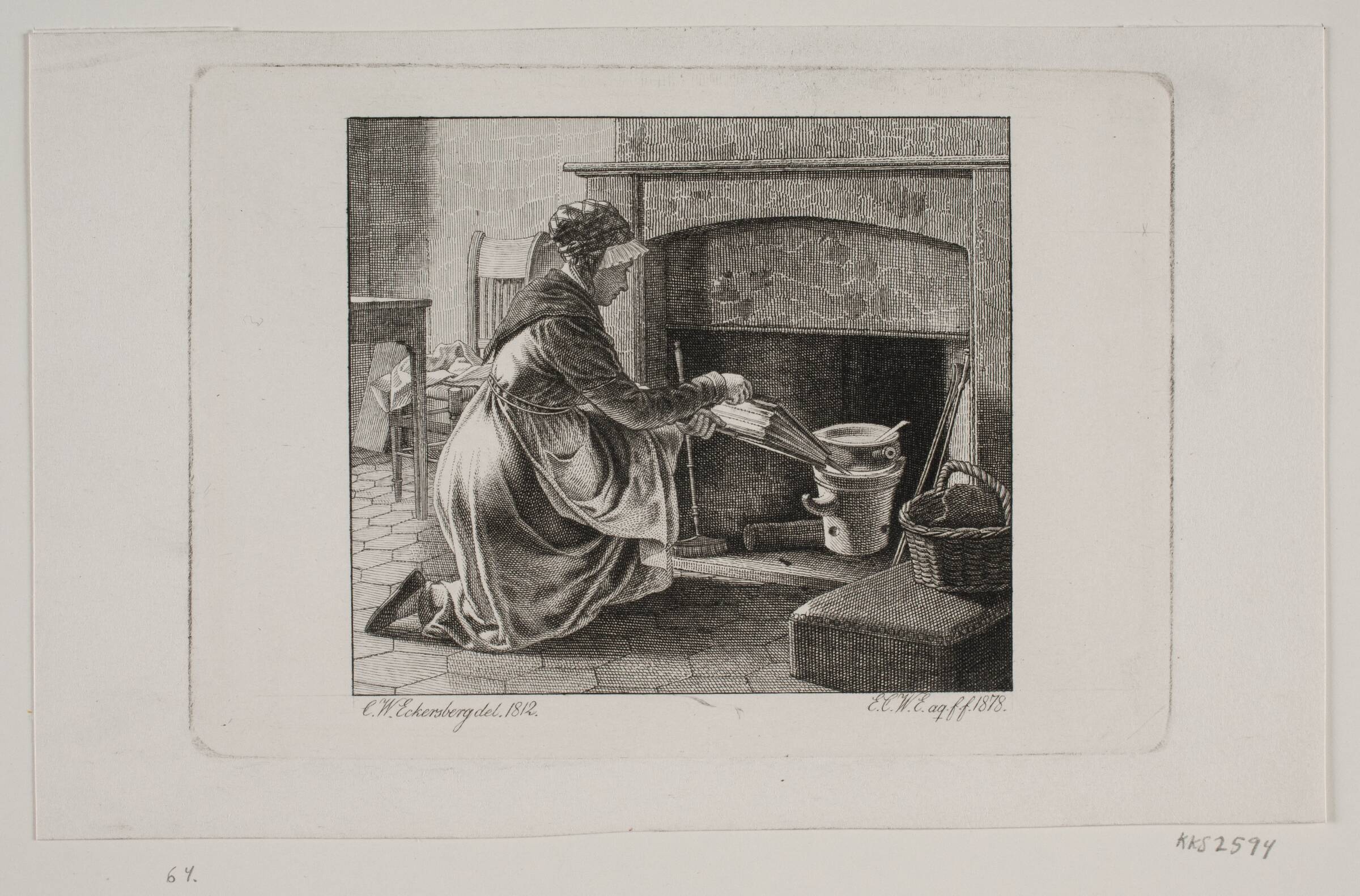 En kone varmer mad i kaminen, Erling Eckersberg, 1878