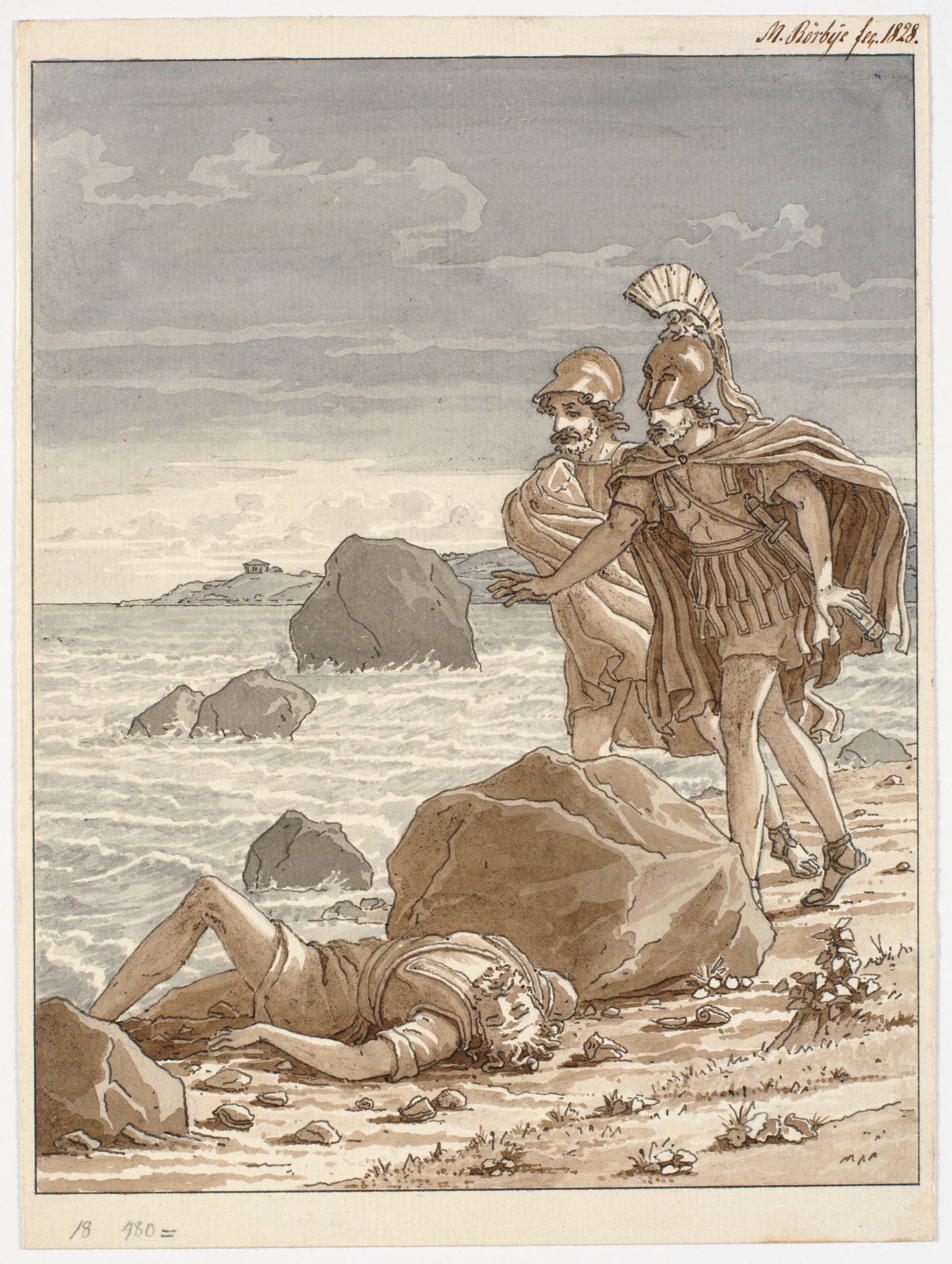 To krigere finder en mand opskyllet på stranden, Martinus Rørbye, 1828