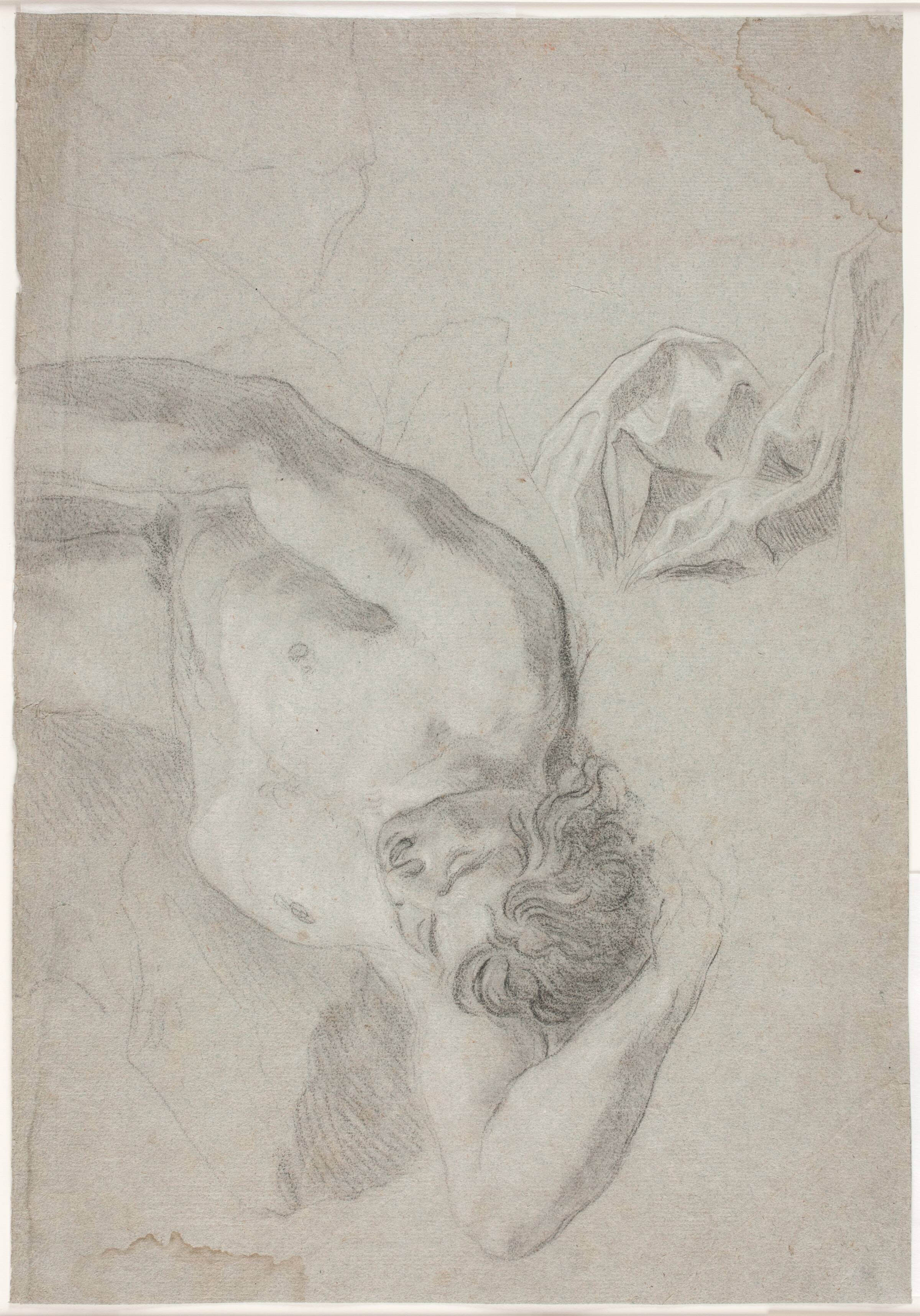 Mandlig modelstudie, liggende på ryggen, knæstykke og draperistudie, Hendrik Krock, 1671-1738