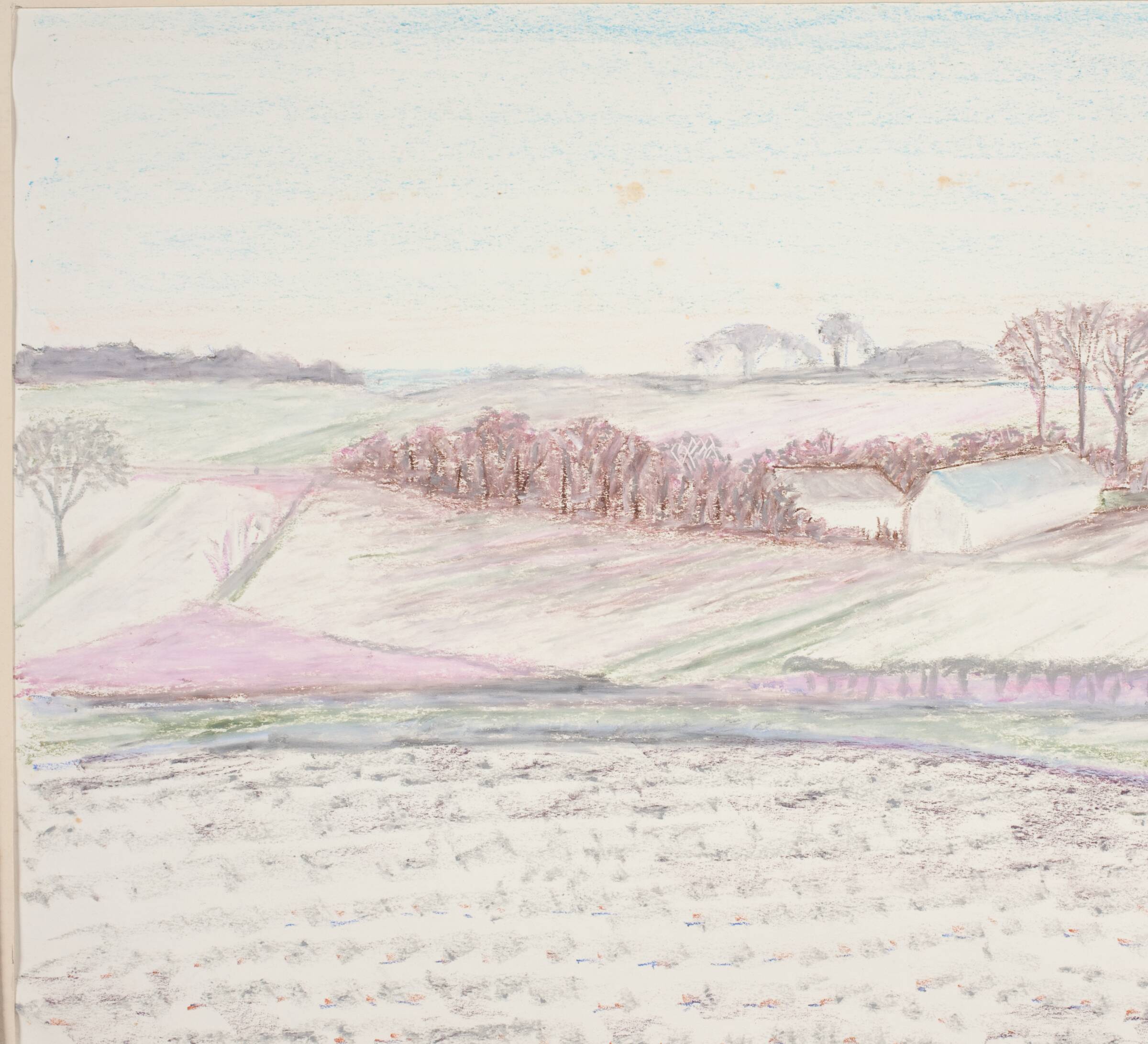 Landskab med en bondegård, delvist skjult bag træer, Henrik Starcke, 1899-1973