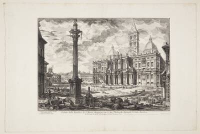 Udsigt mod Basilica di Santa Maria Maggiore, med dens sidebygninger og søjlen ved Konstantinbasilikaen i forgrunden