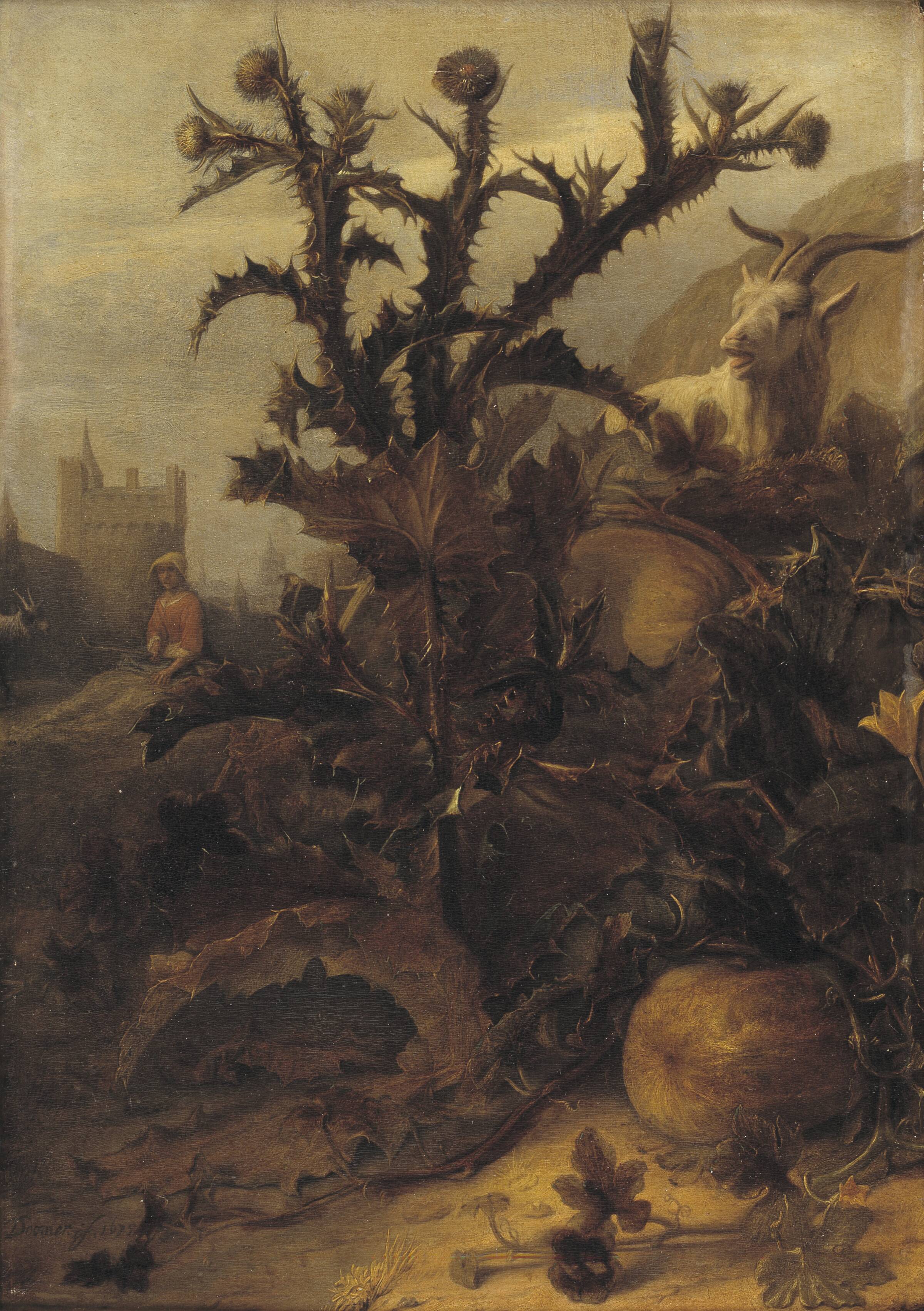 En tidselbusk, græskar og en ged, Lambert Doomer, 1675