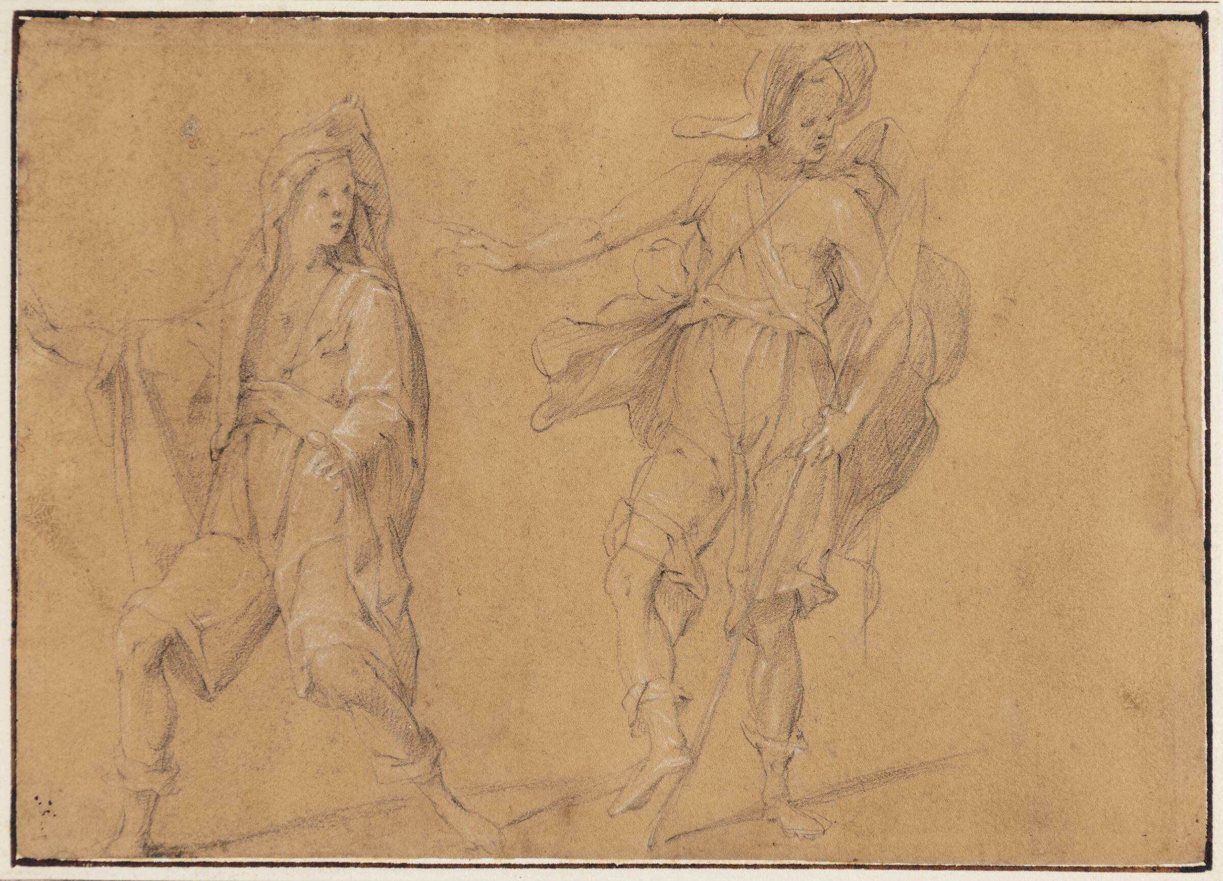 En løbende kappeklædt figur og en stående mand med hat og stav, Filippo Paladini, 1544-1615