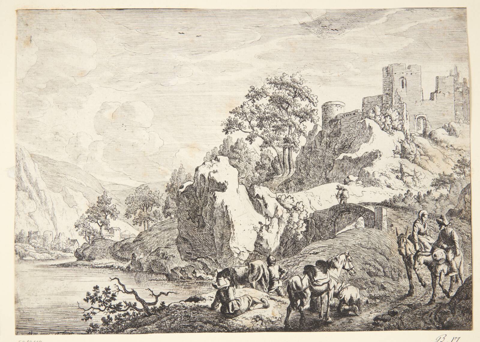 Rejsende ved en flodbred, Jan van Aken, 1614-1661