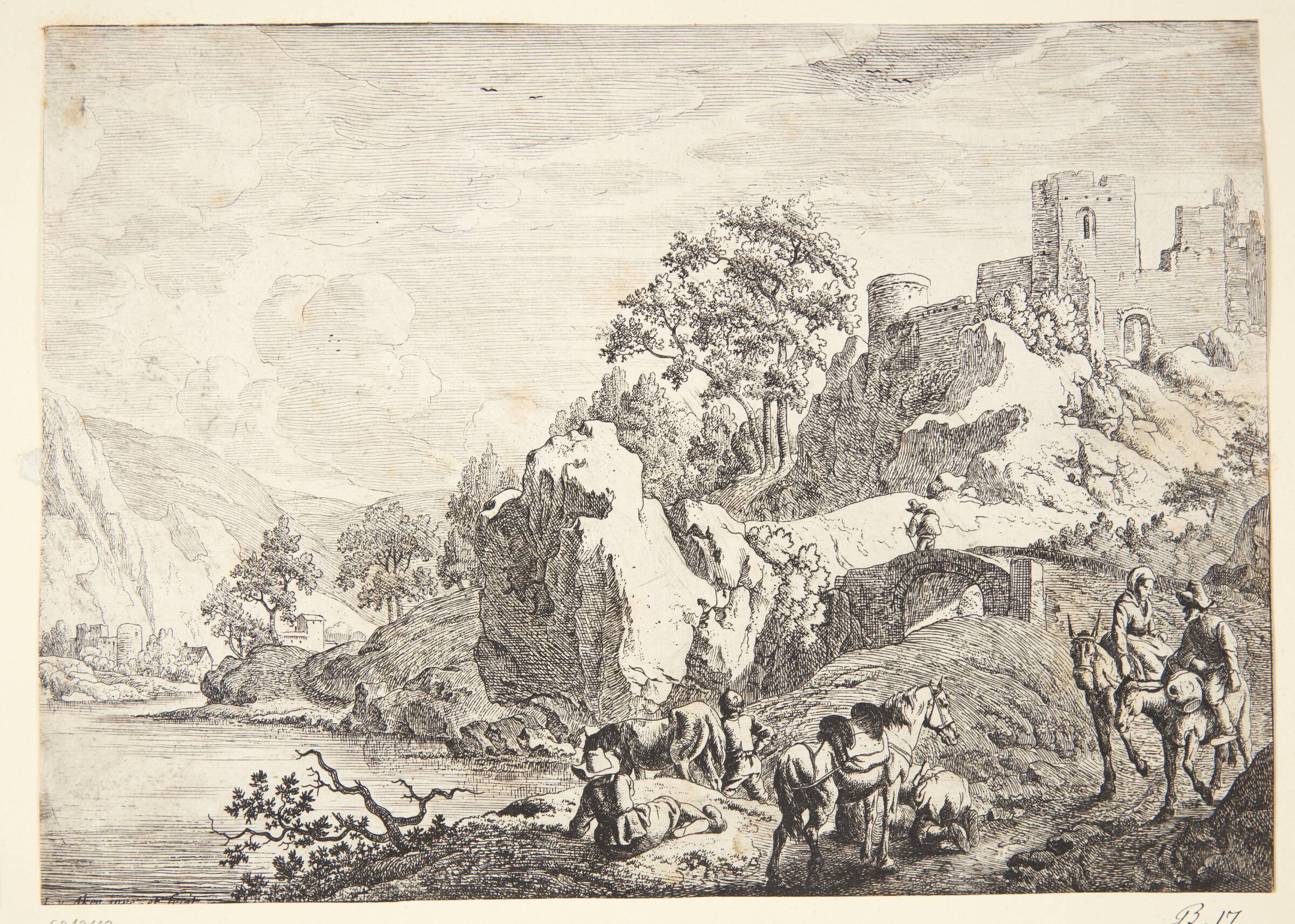 Rejsende ved en flodbred, Jan van Aken, 1614-1661