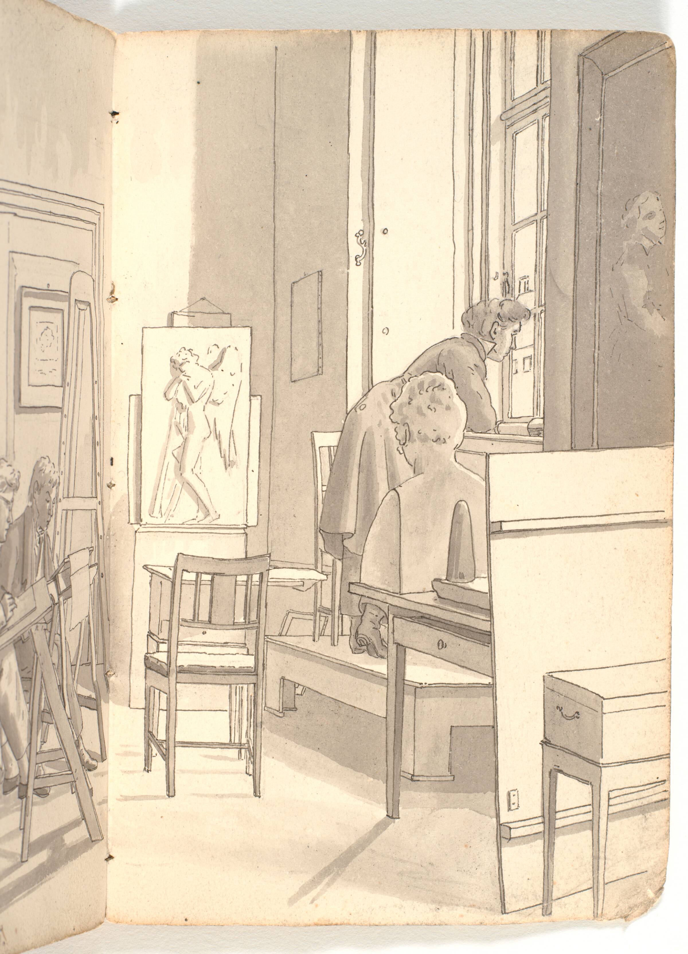 Interiør fra akademiet med tegnende unge kunstnere, Martinus Rørbye, 1825-1826