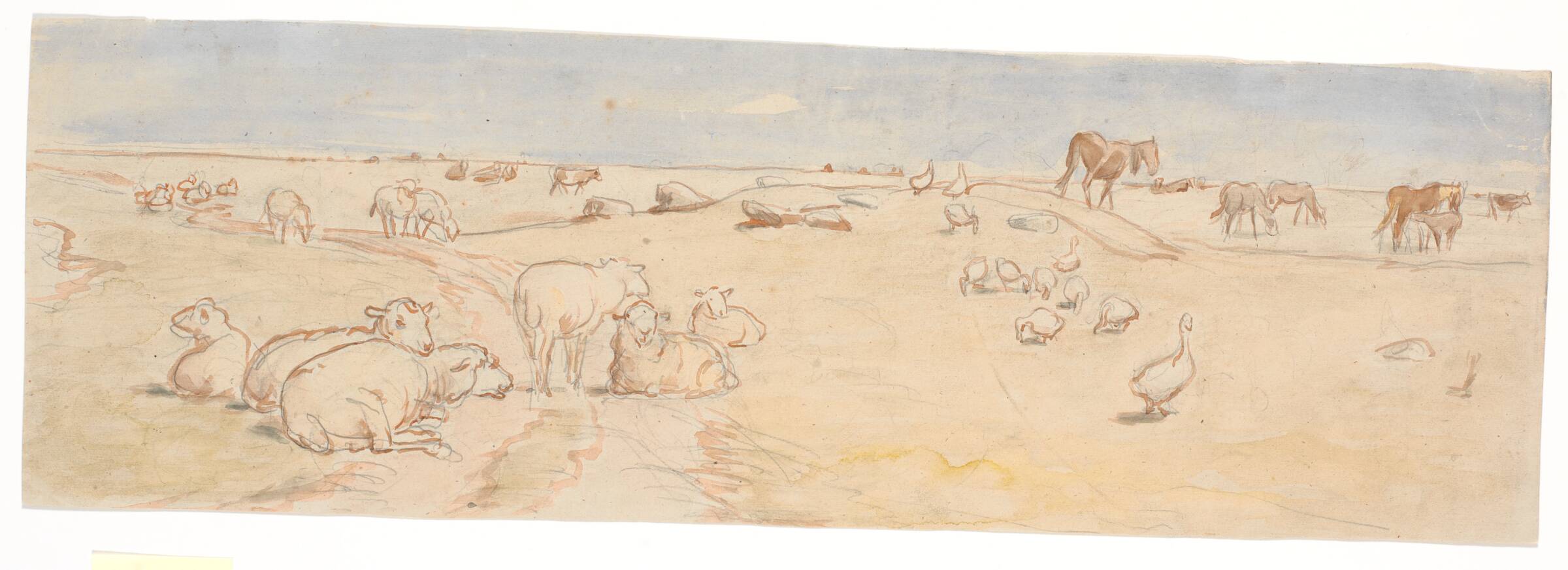 Får og gæs på Saltholm (udkast til dekoration af punchebolle), Theodor Philipsen, 1893