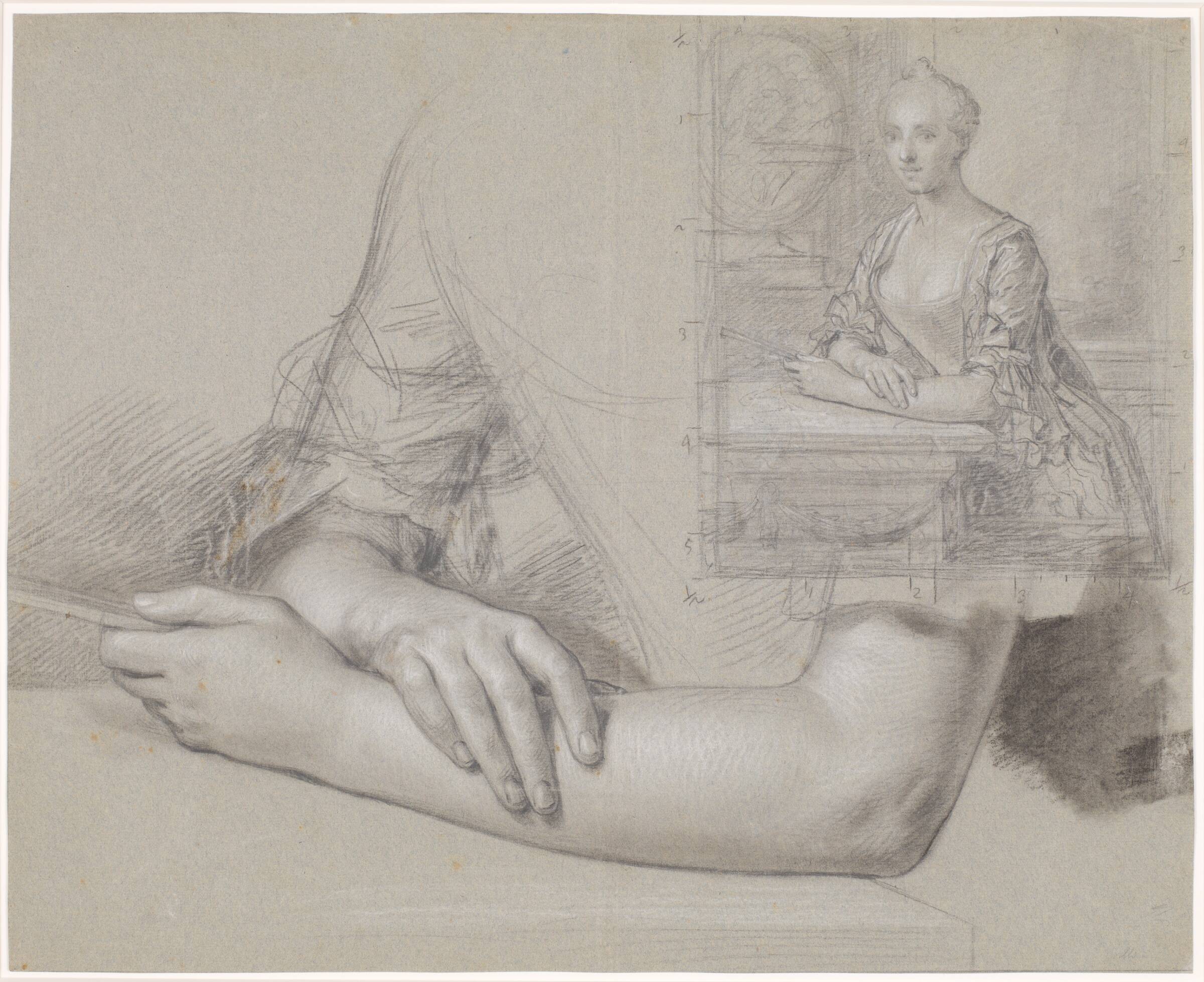Udkast til dame portræt. Samt studie af hænder og arme til samme portræt., Peder Als, 1762-1862