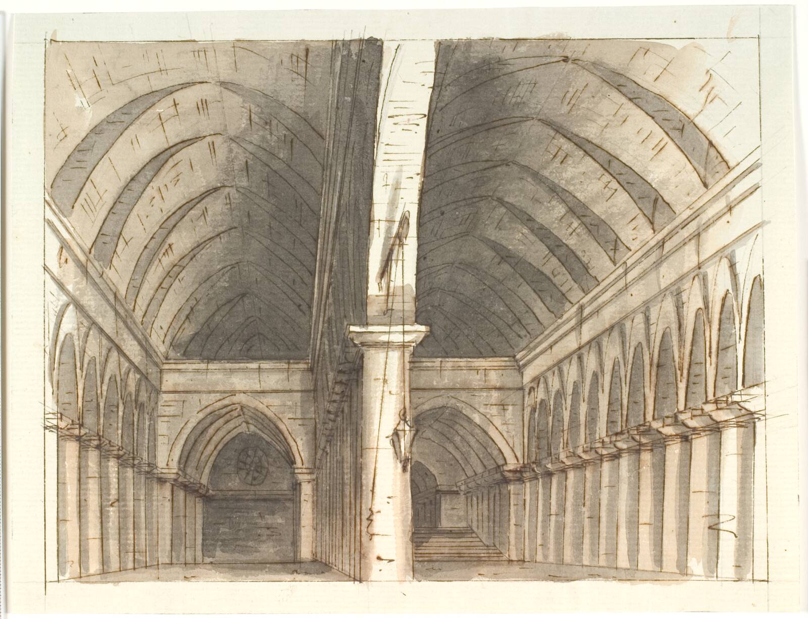 Interiør af underetagen i en kirke (?) med søjler og hvælv, by Aron Wallick, 1803-1809