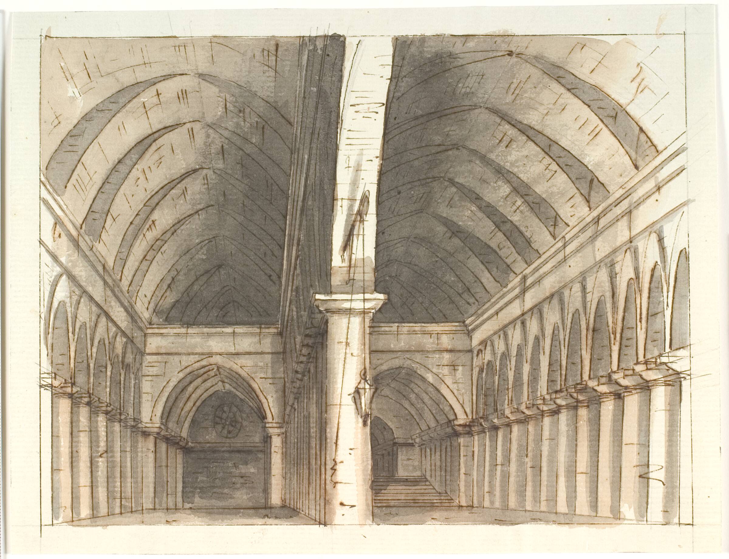 Interiør af underetagen i en kirke (?) med søjler og hvælv, Aron Wallick, 1803-1809