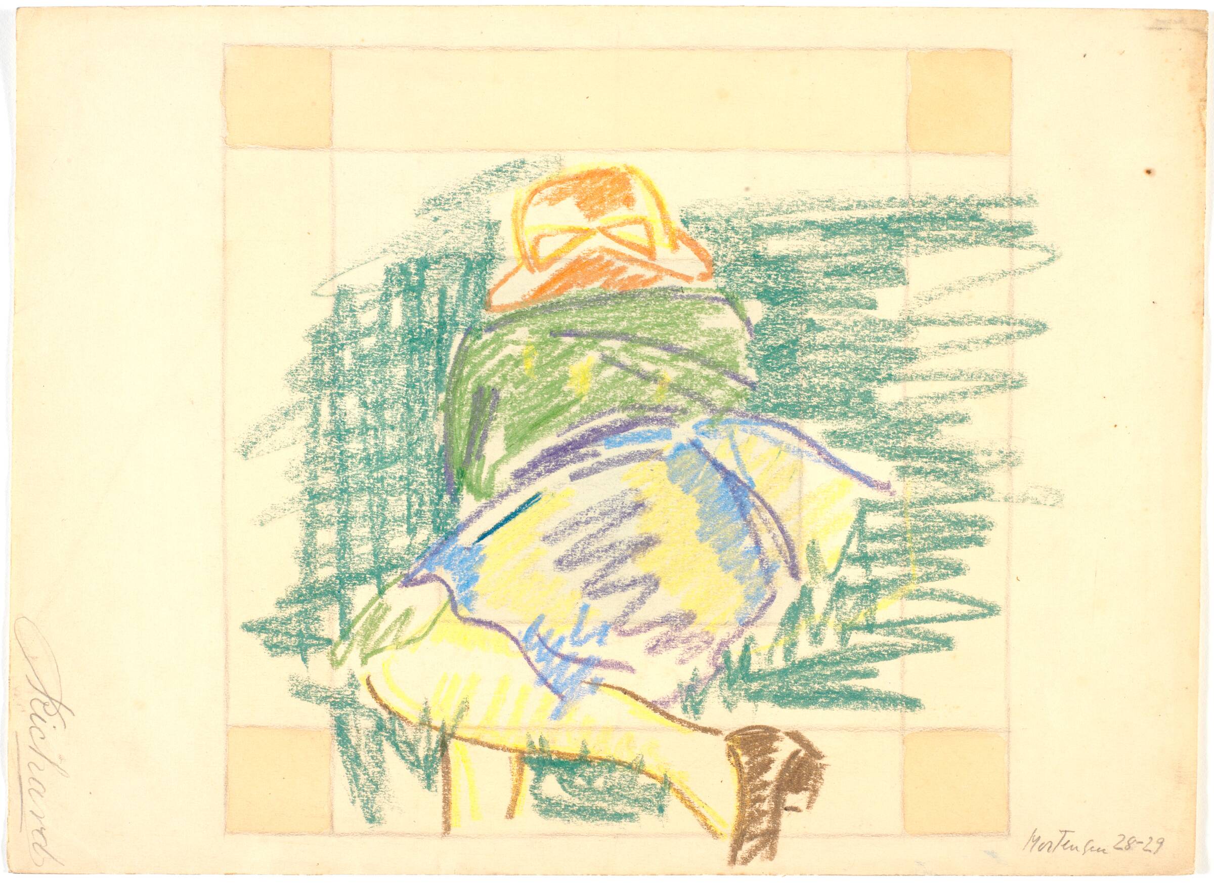 Kunstnerens mor, Clara, f. Jensen, set fra ryggen, liggende på grønsvær, Richard Mortensen, 1929-1930