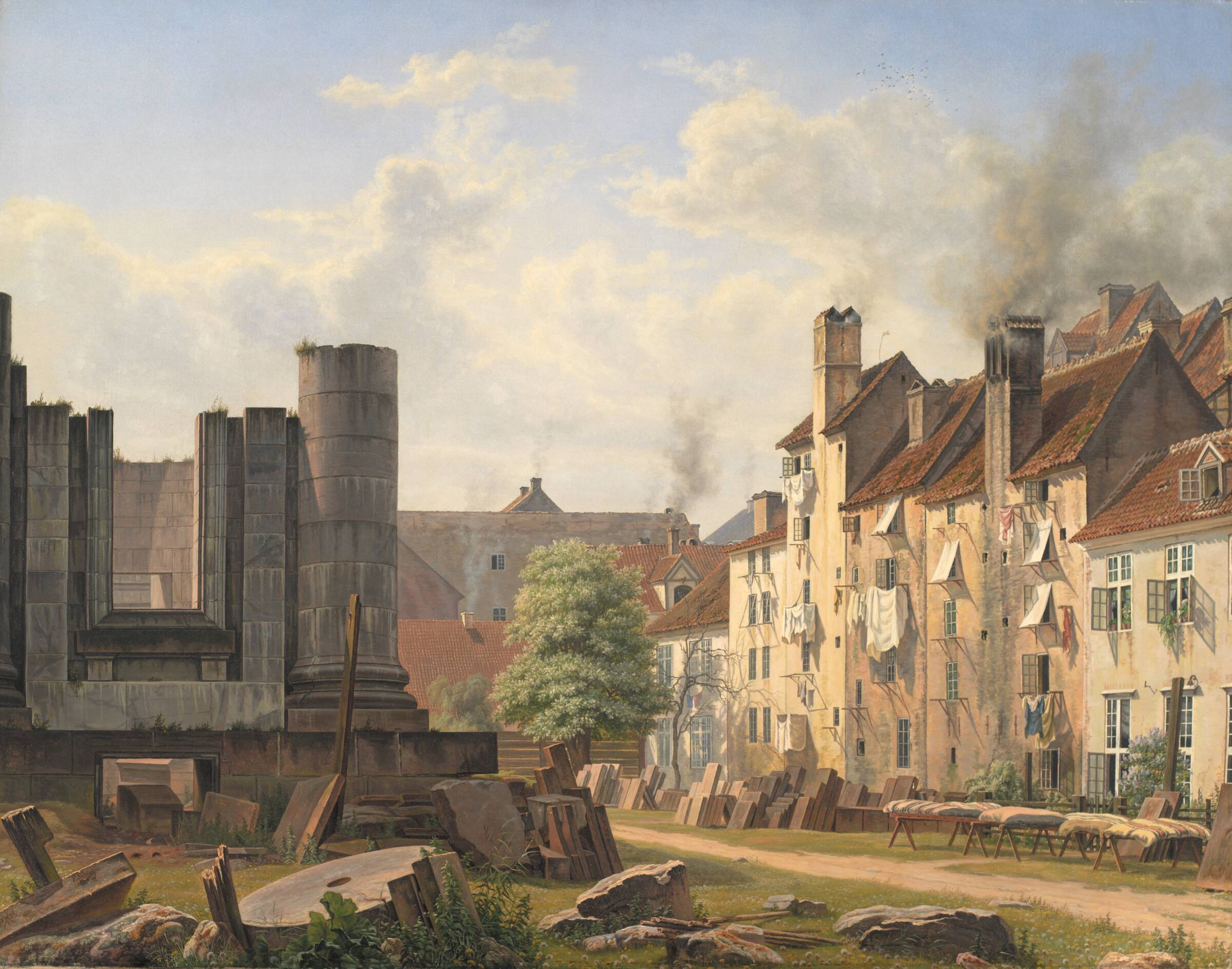 Parti af Marmorpladsen med ruinerne af den ufuldførte Frederikskirke, F. Sødring, 1835
