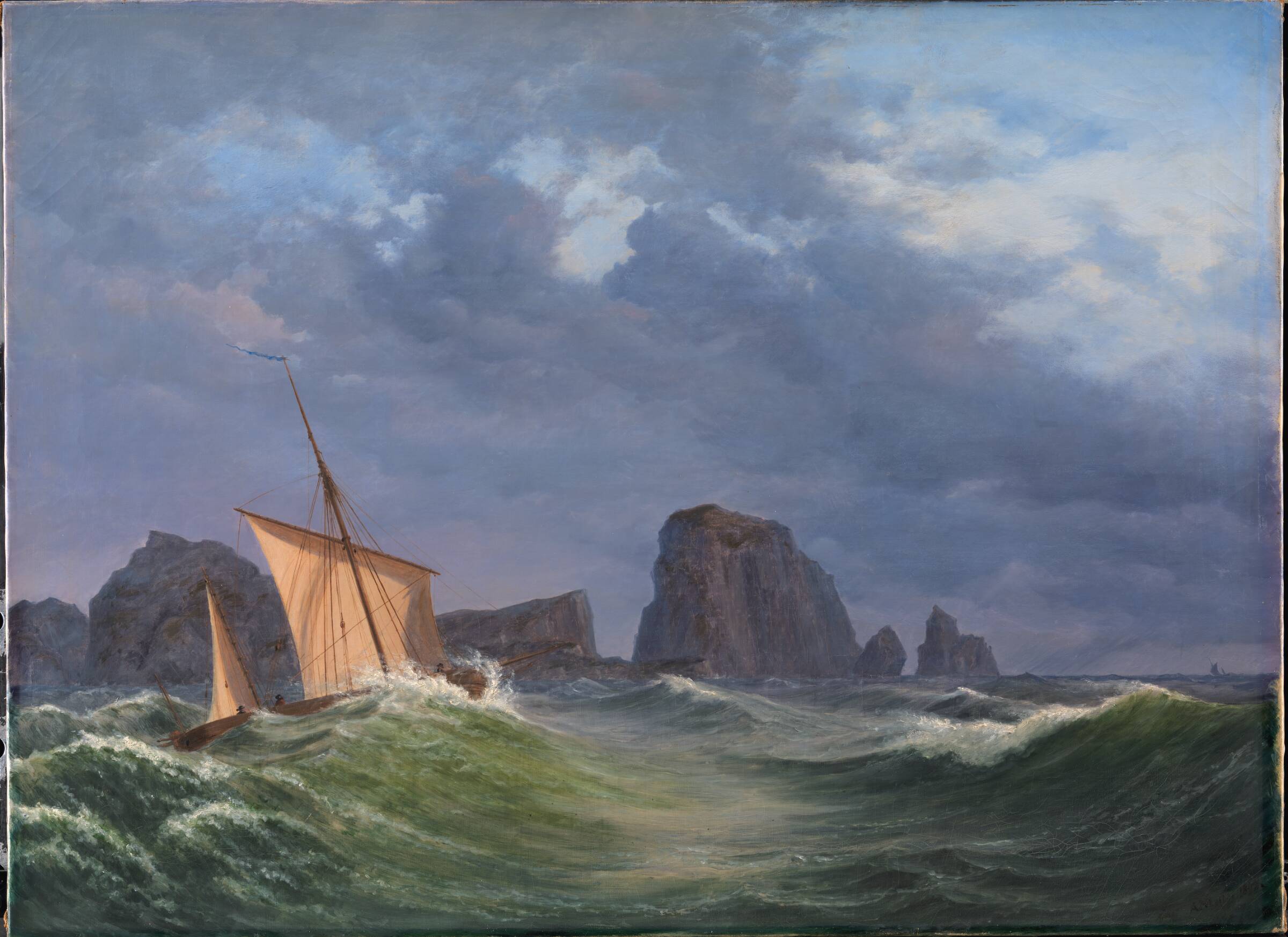 En shetlandsk fiskerbåd i stormfuldt vejr nord for Orkneyøerne, Anton Melbye, 1842