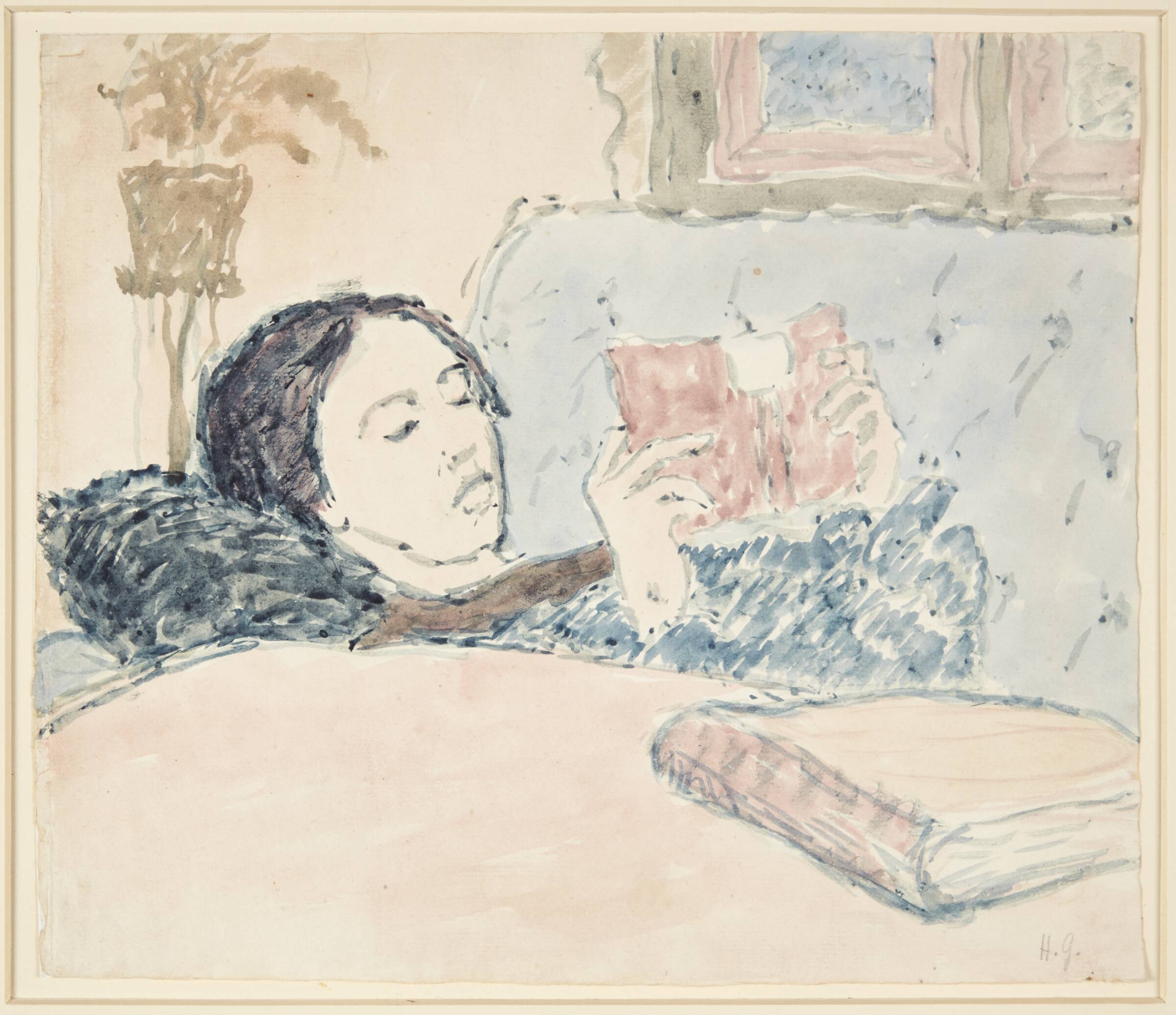 Interiør med en af kunstnerens søstre, der ligger og læser, Харальд Гирсинг, 1906-1910