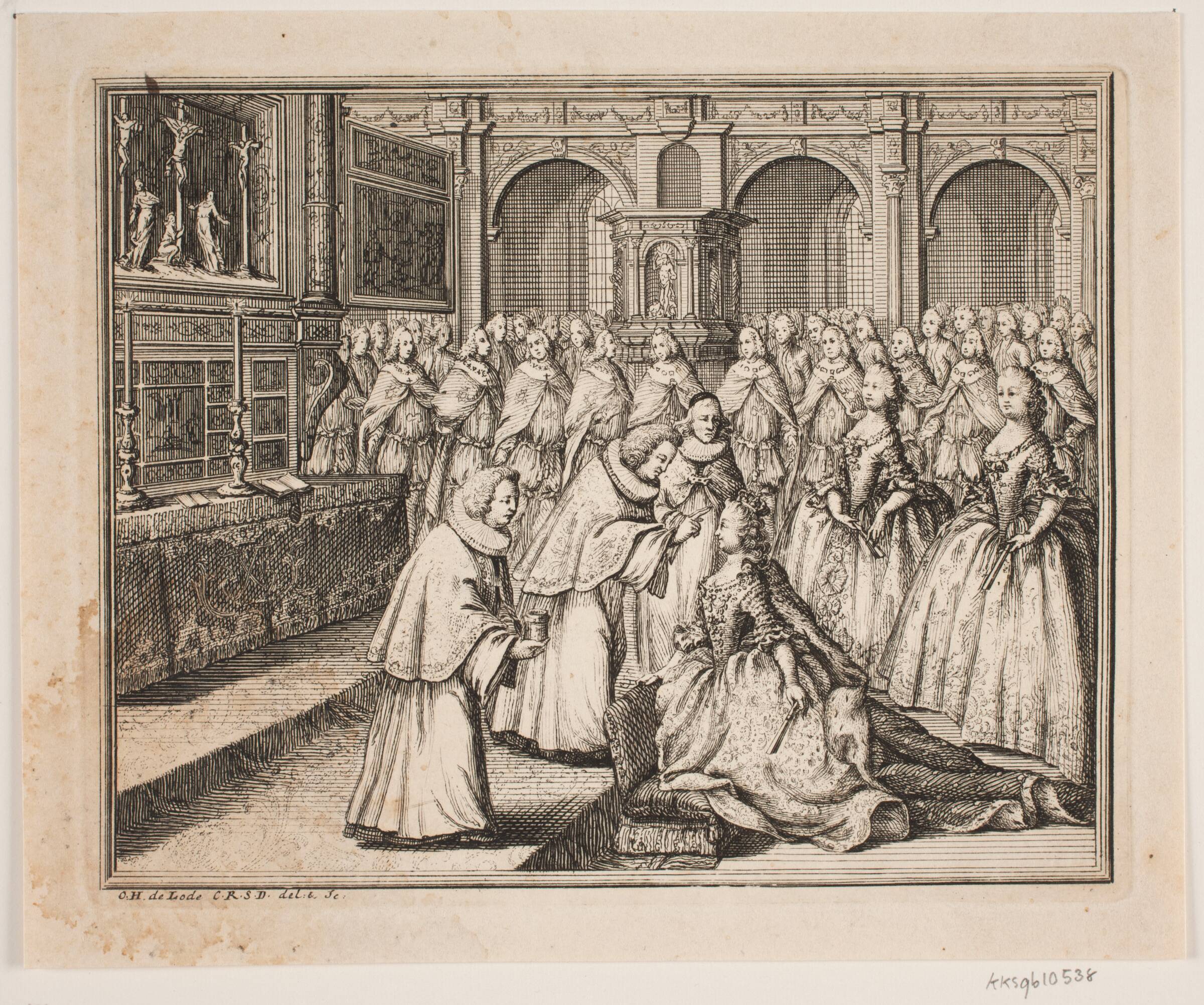 Biskop Hersleb salver Dronning Louise i Frederiksborg Slotskirke. Illustration til Frederik d. IV's salvingsakt, Odvardt Helmoldt de Lode, 1726-1757