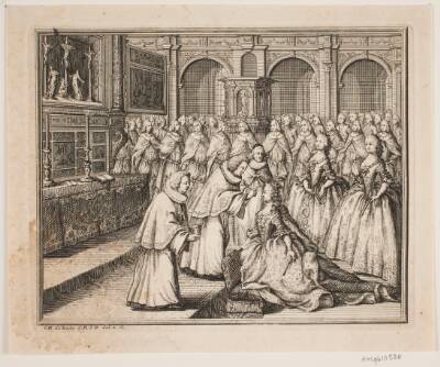 Biskop Hersleb salver Dronning Louise i Frederiksborg Slotskirke. Illustration til Frederik d. IV's salvingsakt