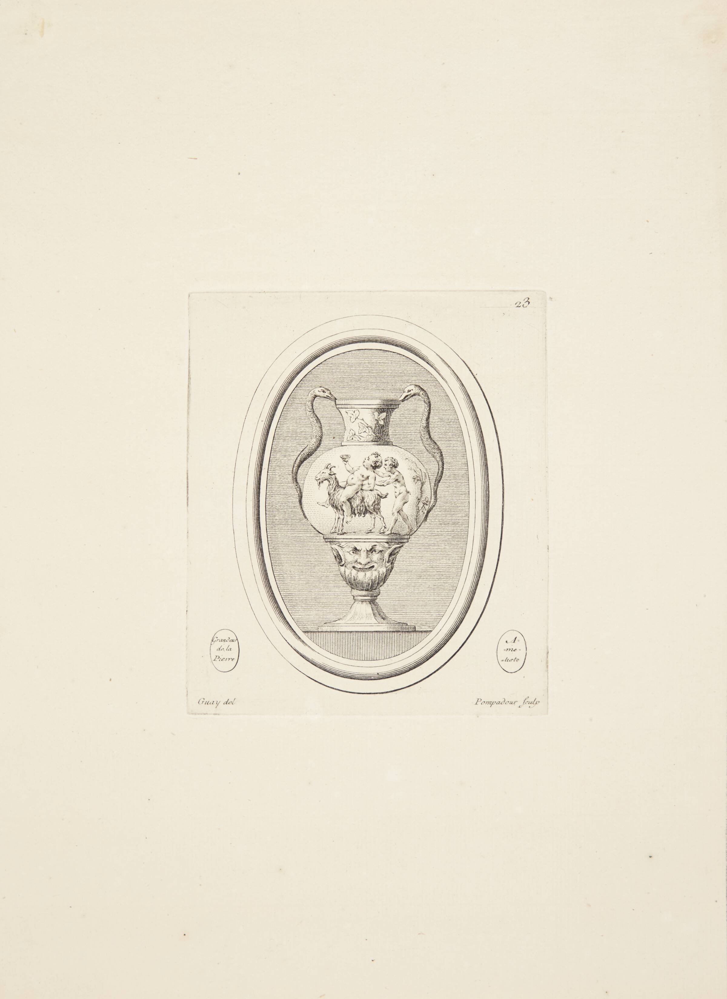 Vase med maske og reptil-håndtag, en nøgen figur der bærer på en kop og rider på en ged, efterfulgt af en satyr, Madame de Pompadour, 1753-1757