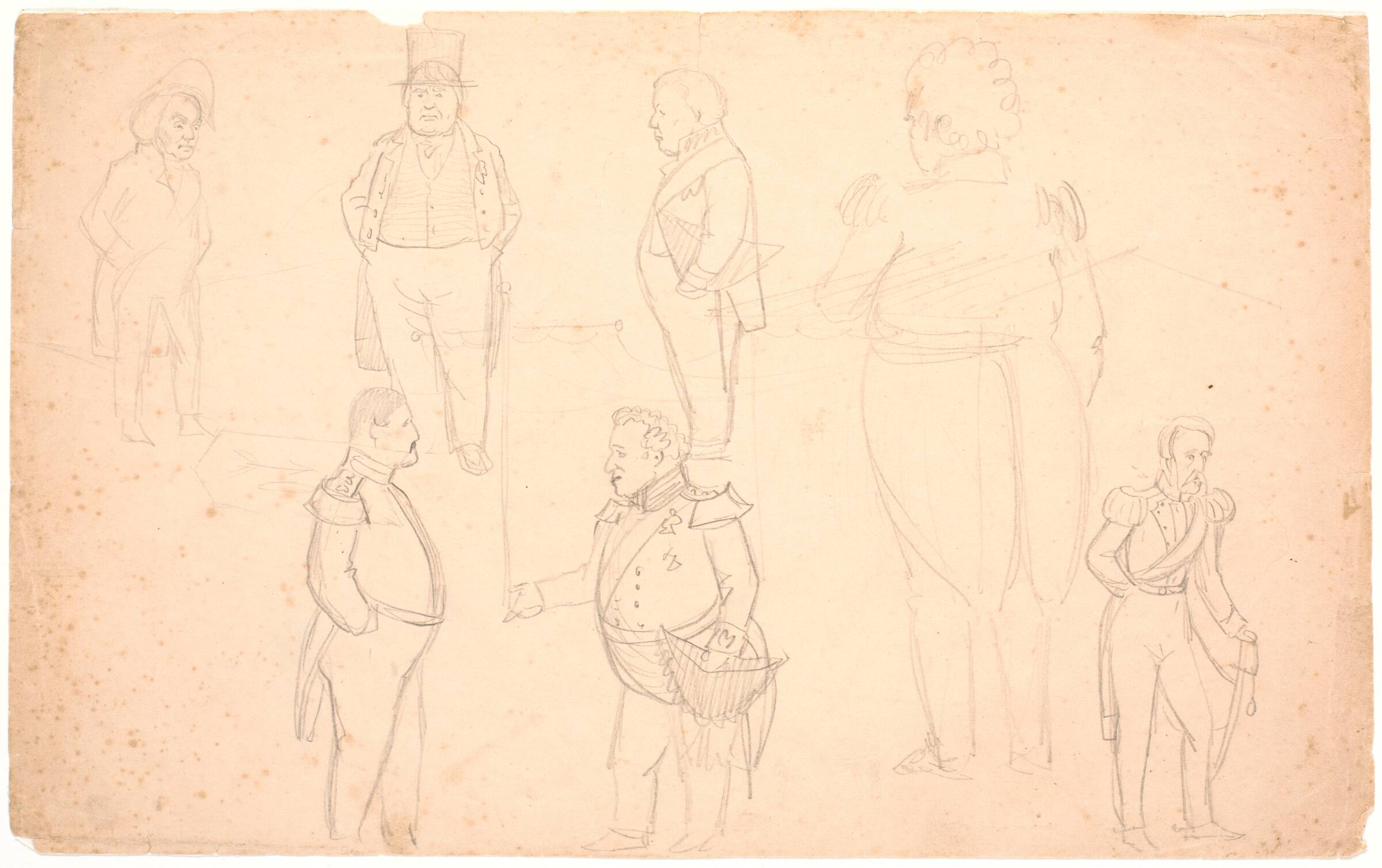 Karikatur af bl.a. A.S. Ørsted, Frederik VII, Christian VIII og sandsynligvis Frederik VI., P.C. Skovgaard, 1840-1849