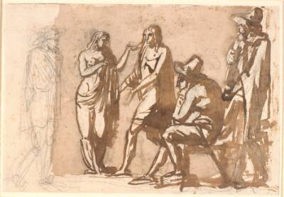 Tre herrer i 1600-tals dragter betragter et ungt klassisk par