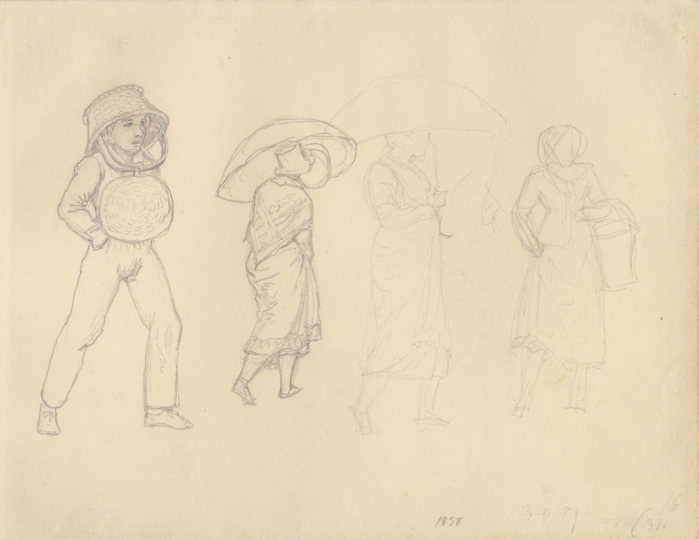Studie af fire figurer på gaden i regnvejr., C.W. Eckersberg, 1783-1853
