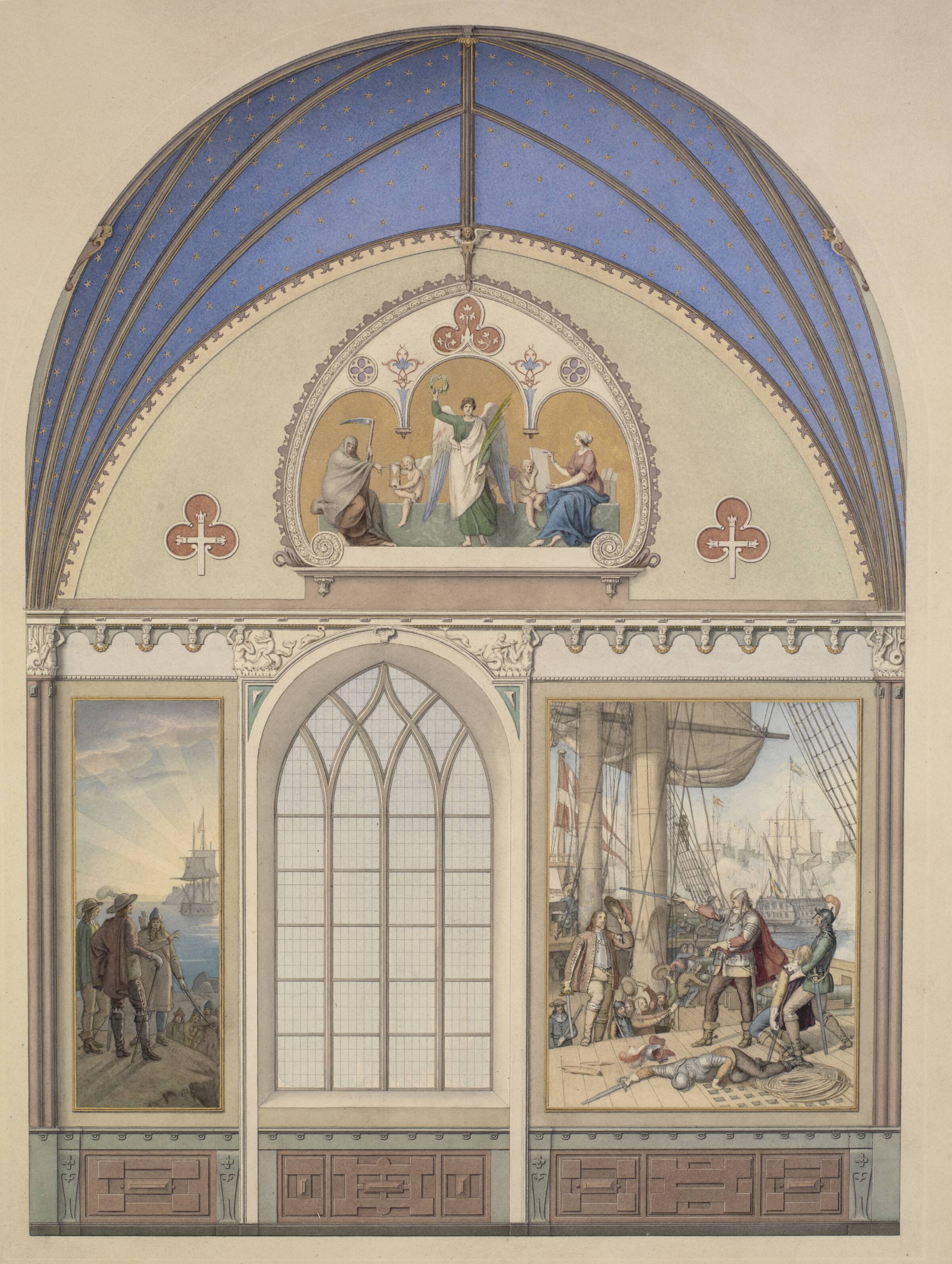 Udkast til hvælvingens dekoration i Christian IV's kapel i Roskilde Domkirke. Udsmykning t.h. med Chr. IV på Trefoldigheden, Heinrich Eddelien, 1845