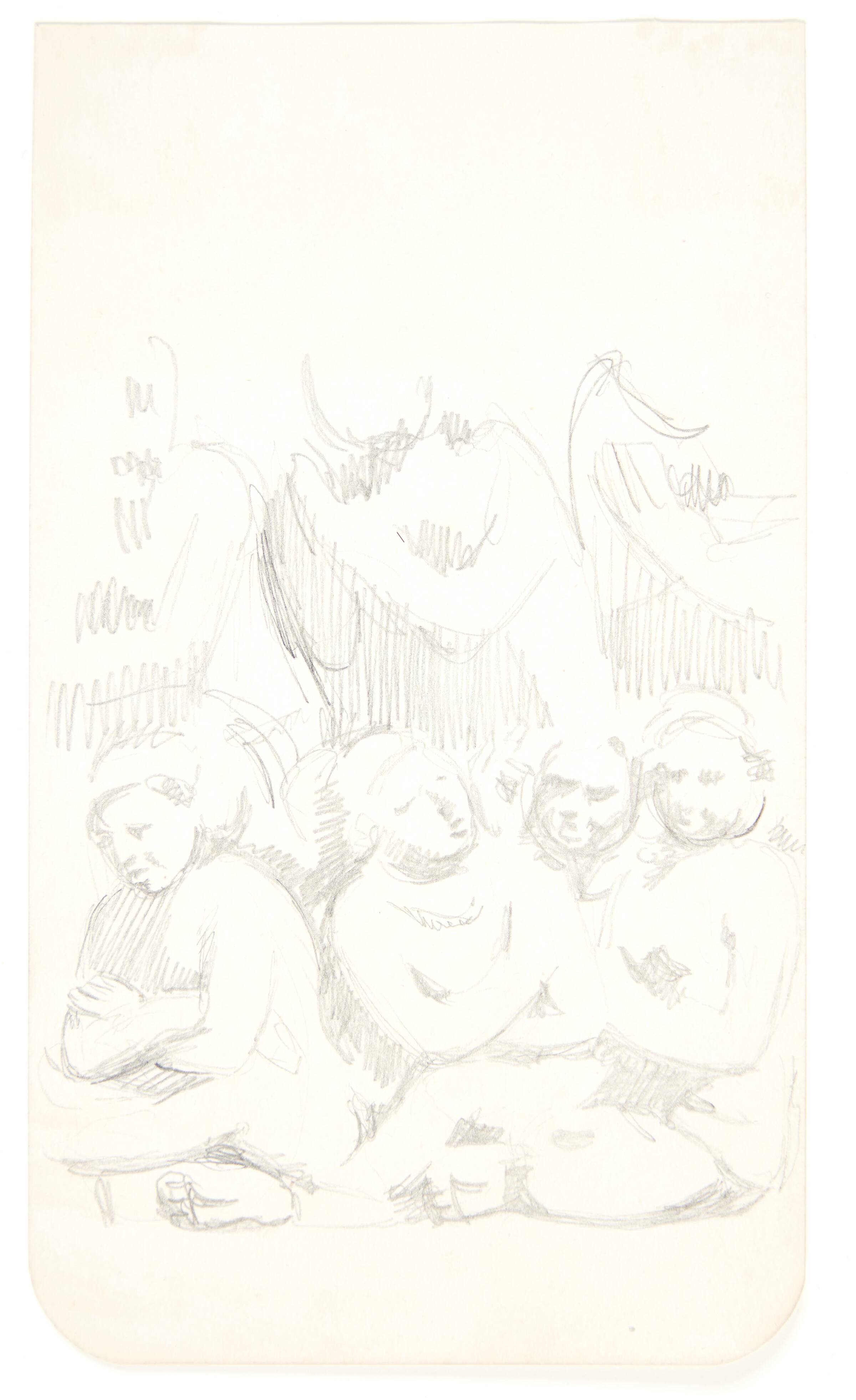 Gruppe med siddende figurer med korslagte arme i forgrunden. Studieblad efter relieffer i Borobudur, Java., Svend Rathsack, 1921