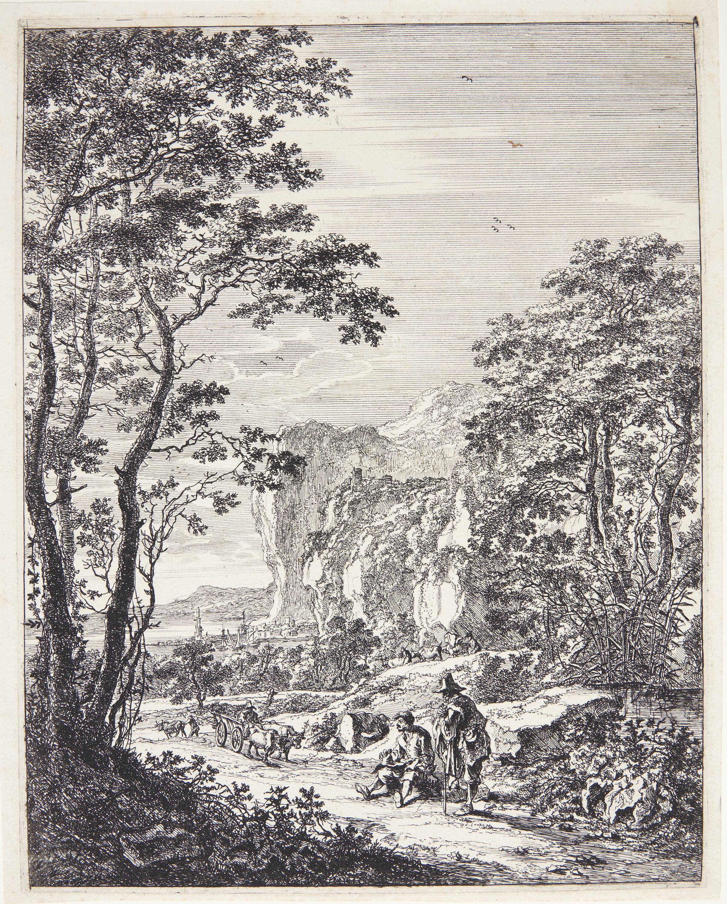 Landskab med en oksekærre og to hvilende mænd. Udsigt ved Ancona og Senigallia, Jan Both, 1618-1654