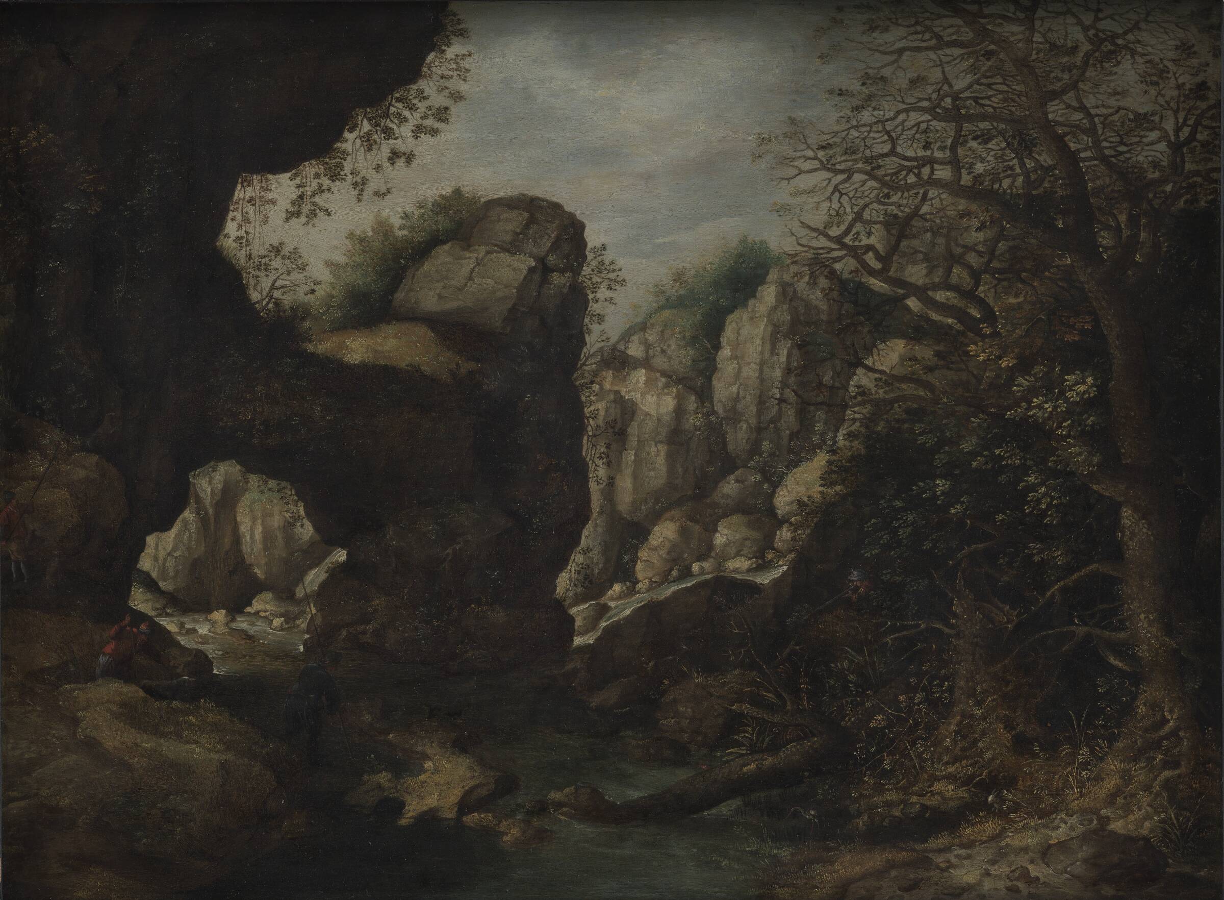 Klippelandskab med gedejagt, Pieter Stevens, 1610-1614