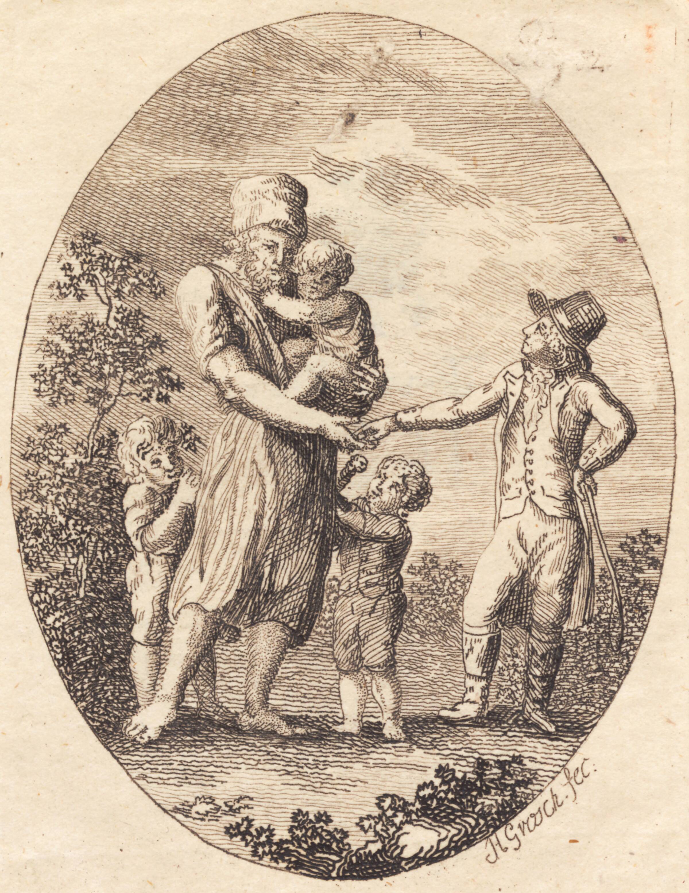 En herre giver en drikkeskilling til en mand med to børn, Heinrich Grosch, 1763-1843