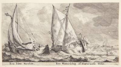 To sejlbåde i oprørt hav. En båd fra Isere og en fiskerbåd fra Zuiderzee