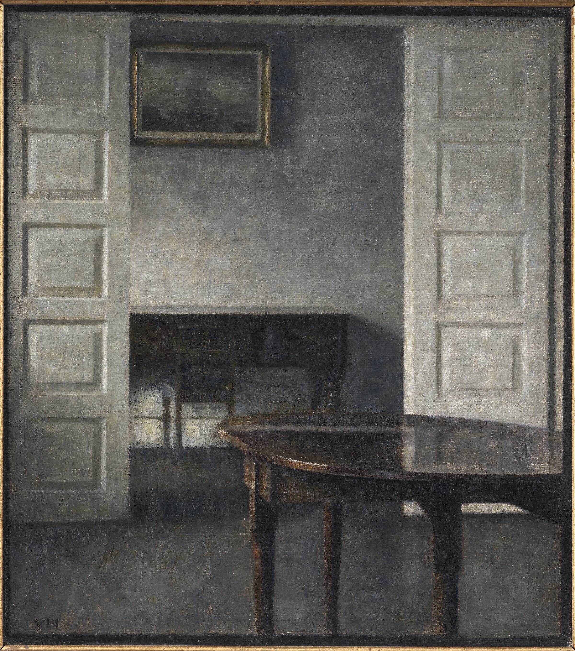 Stue. Fløjdørene står åbne ind til et bagved liggende værelse med et lukket klaver, Vilhelm Hammershøi, 1911